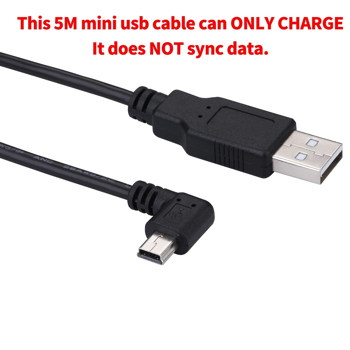 LARRITS Mini-USB Power Cable for Dash Cam & GPS - Charging-Only (No Data Transfer), Right-Angle Mini-B to USB-A, 5M Extra-Long Car DVR Power Cord