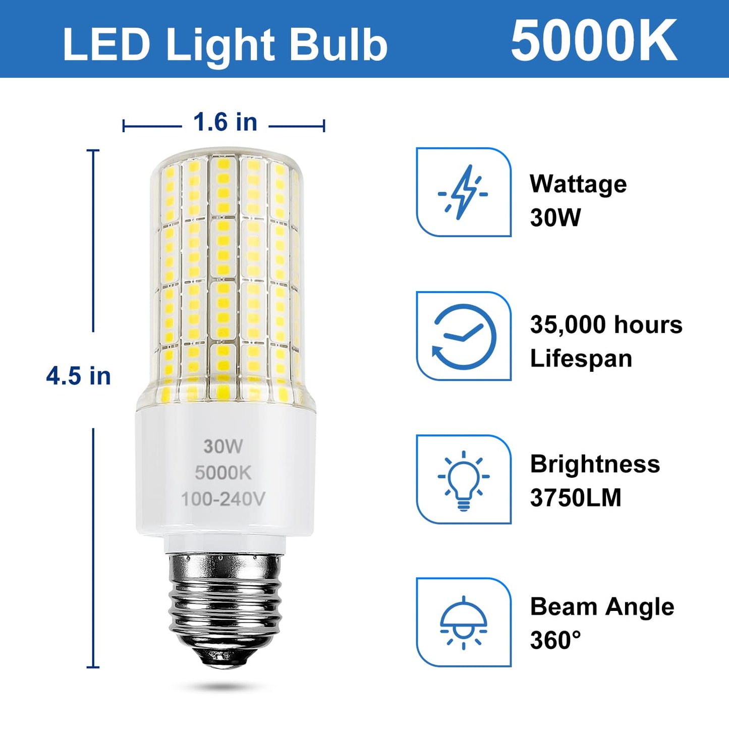 2 Pack Led Light Bulb Equivalent 250w Led bulbs 3750 Lumen 5000K Cool Daylight White 30W Waterproof Led Corn Light bulb E26/E27 Medium Base light bulb