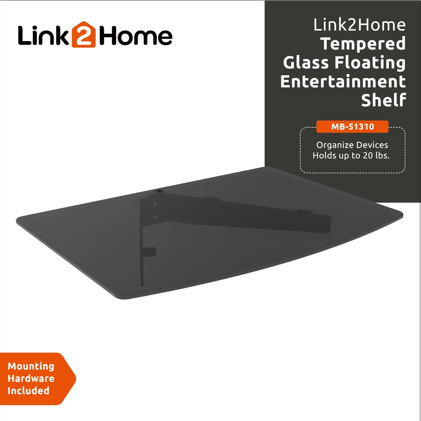 Link2Home Commercial Electric Series Tempered Glass Floating Entertainment Shelf, up to 20 lbs., Ideal for Streaming Devices and All TV Accessories