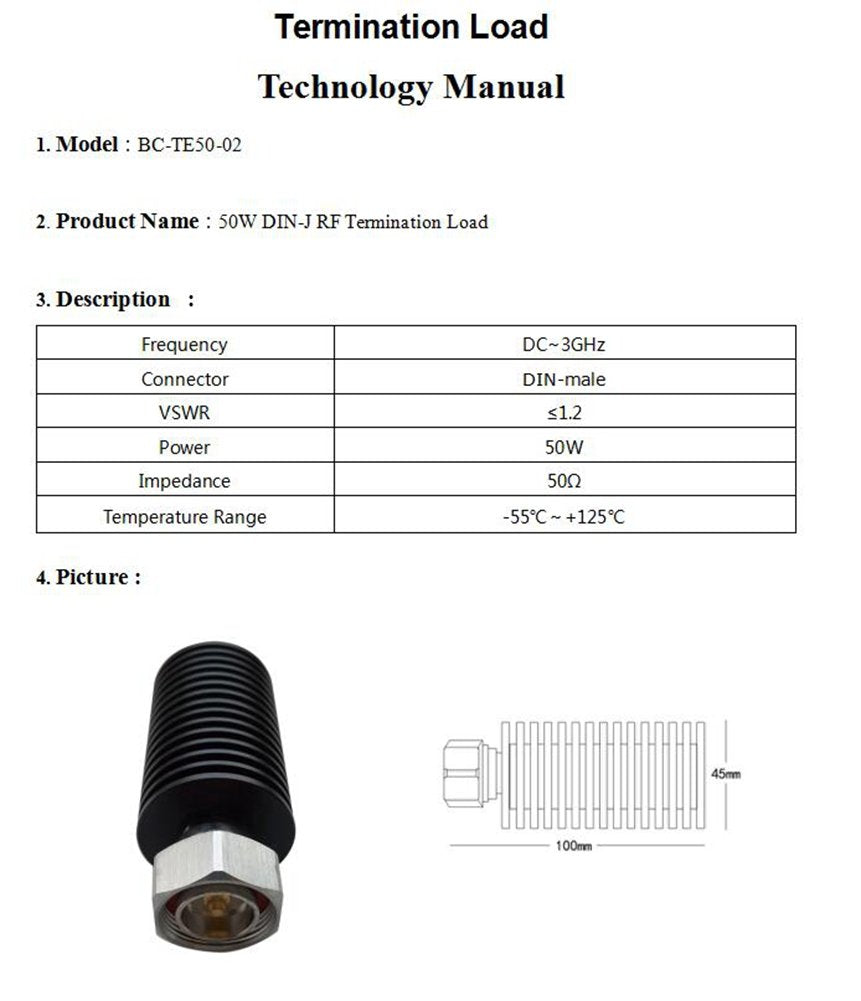 BECEN 50W 7/16 DIN Male Connector Dummy Load,Termination Load, 50 ohm, DC to3 GHz