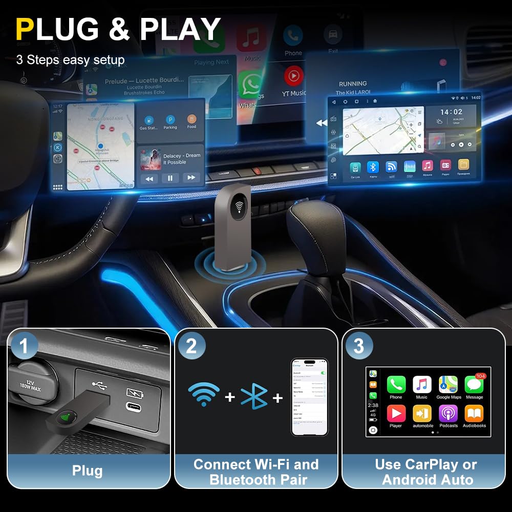 Pyniro 2 in 1 Wireless CarPlay Adapter, Android Auto Plug&Play CarPlay Dongle Converts Wired to Wireless with USB&USB-C/Type-C, Fast Auto-Connect