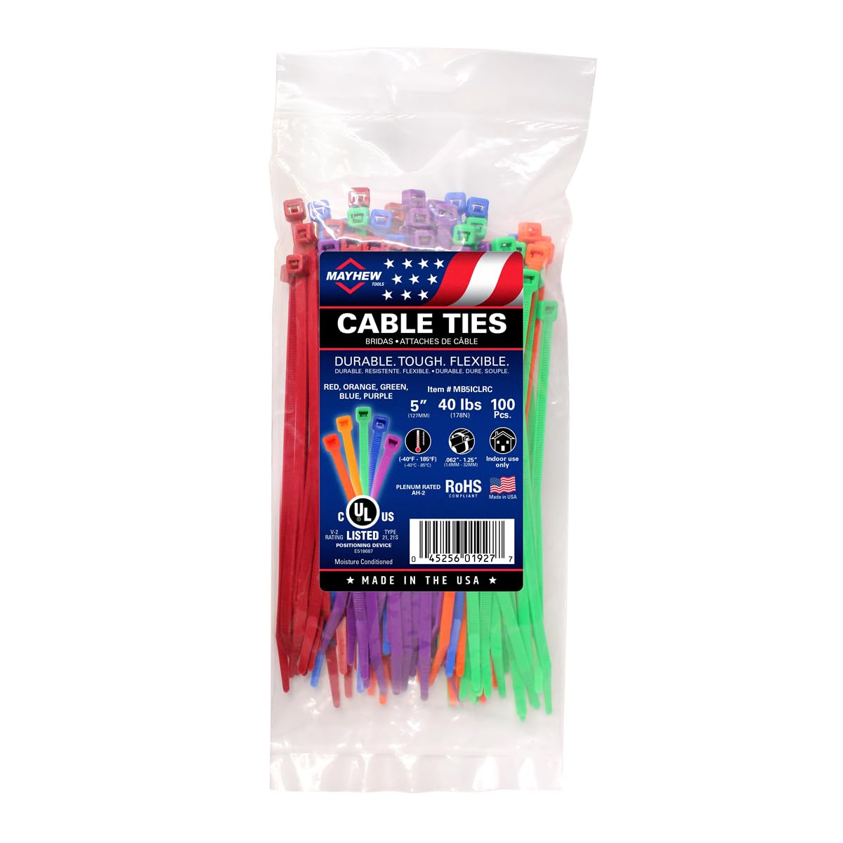 5" 40 lb Cable Ties Color Assortment 100/bag