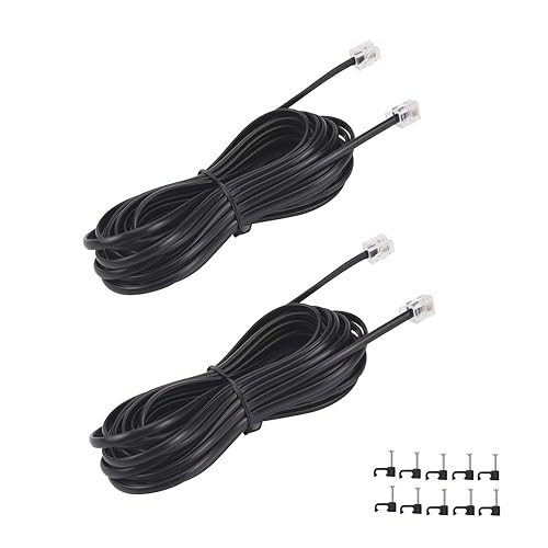 YIENFBEV 15FT Telephone Extension Cord Cable, Landline Phone Line Wire with RJ11 6P4C Plugs, Includes Cable Clips - Black - 2 Pack