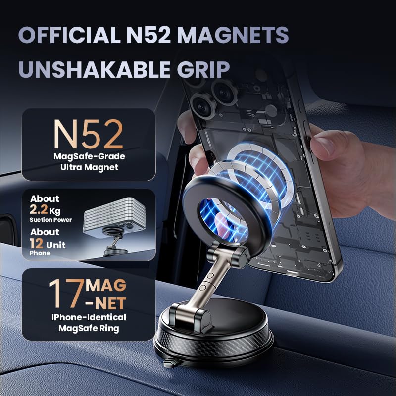 LouqueticBloom MagSafe Compatible Car Mount, 110LBS Strong Magnetic Phone Holder, 3000GF Vacuum Suction Cup, 360° Adjustable Zinc Alloy Car Phone
