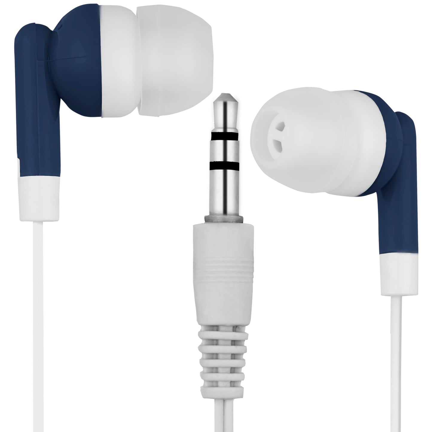 LowCostEarbuds.com LowCostEarbuds Bulk Pack of 25 Dark Blue/White Earbuds/Headphones - Individually Wrapped
