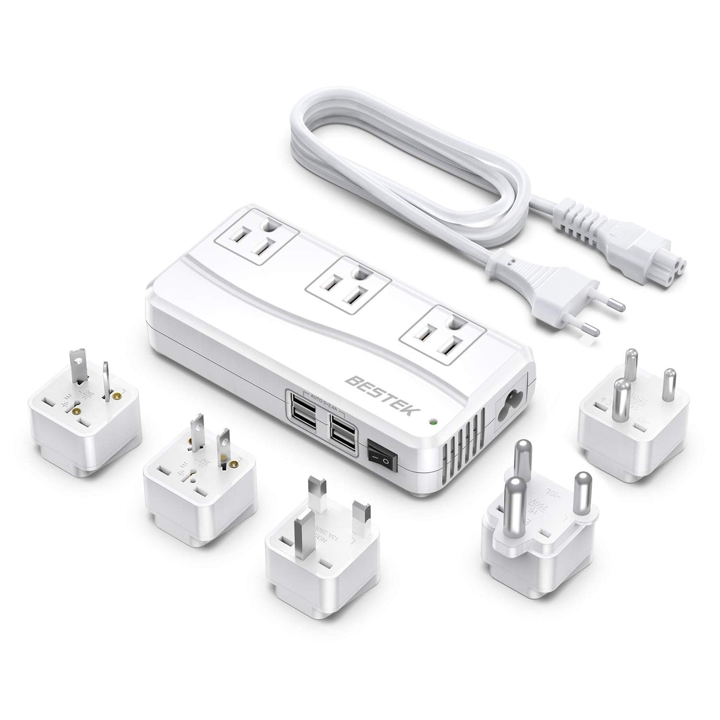 BESTEK 250W International Power Adapter – 220V to 110V Step Down Voltage Converter with 4 USB Ports & US/EU/UK/AU/India/SA Plugs, White