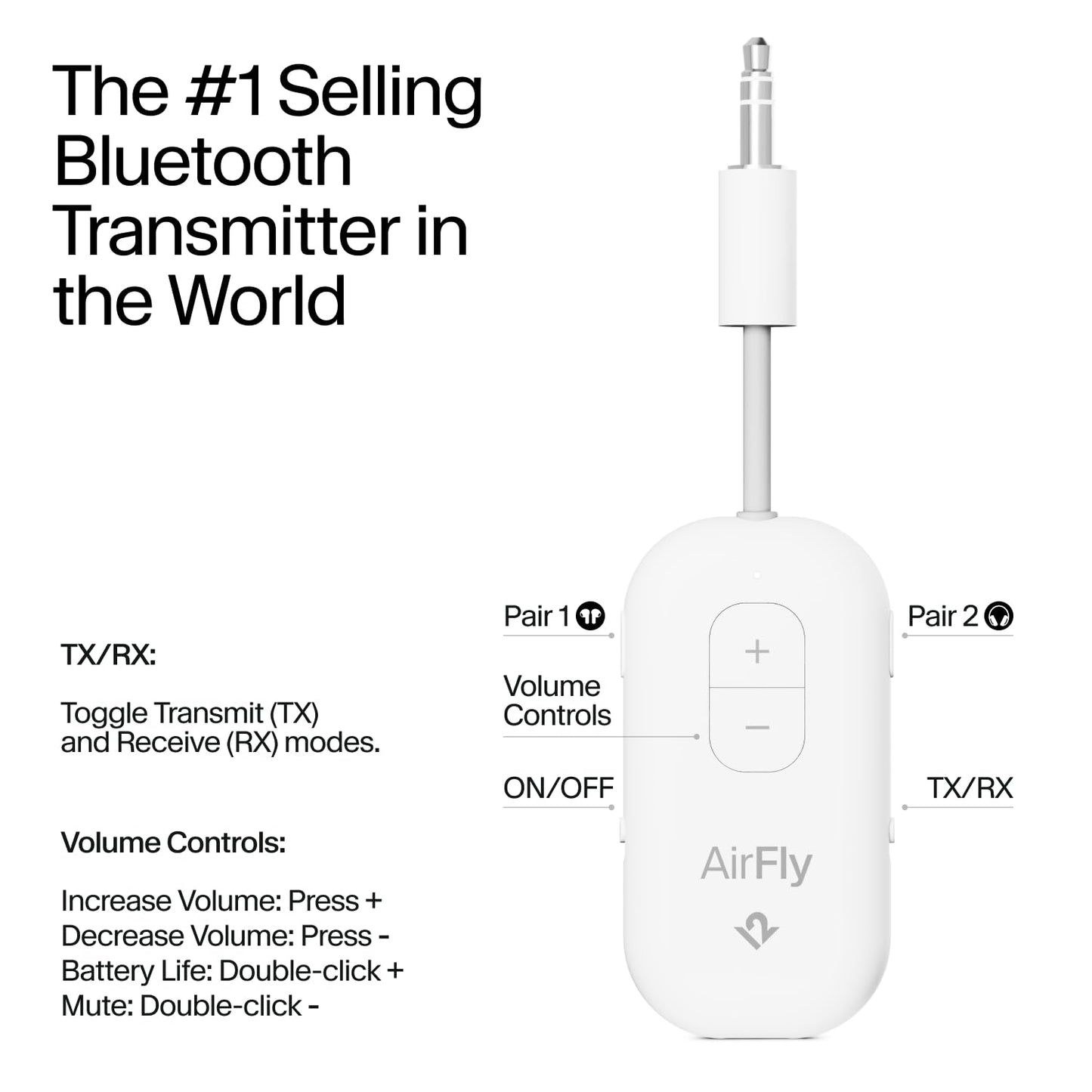 AirFly Pro 2 - Bluetooth Adapter, Pair 2 AirPods or Wireless Headphones - 3.5mm AUX Bluetooth Transmitter and Receiver for Cars, Boats, Treadmills