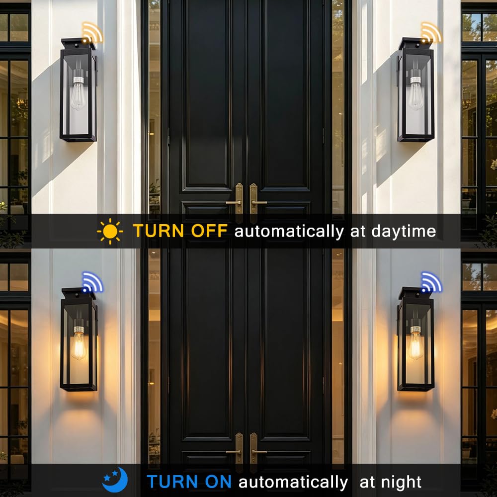 Cerdeco Exterior Dusk to Dawn Sensor Outdoor Wall Light with 4 Side Clear Glass and 15 Inches in Height,Black Porch Sconce Wall Mounted Lighting