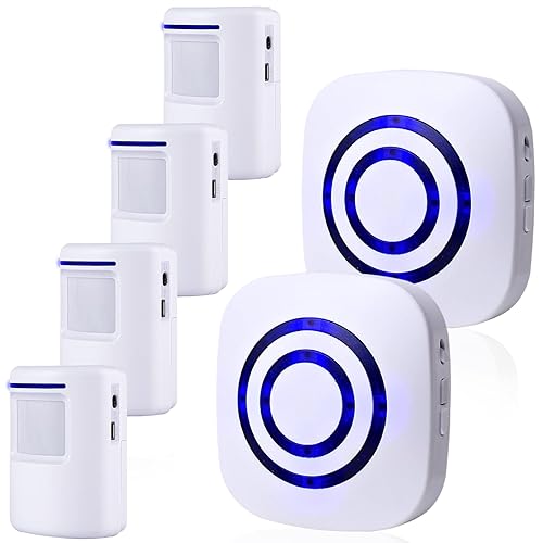BESTOONE Motion Sensor Alarm, Long Range Wireless Driveway Alarm, Indoor Home Security System Electric Doorbells, 4 Motion Detector and 2 Alarm, 38