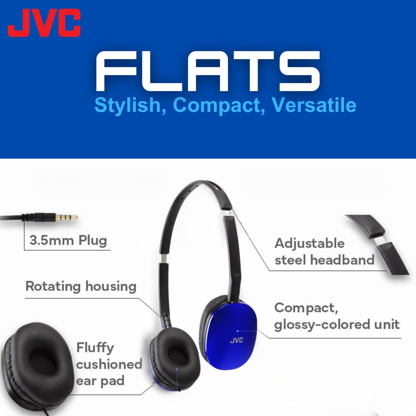 JVC Flats On-Ear Wired Headphones - Flat Foldable Design - 30mm Driver for Powerful Sound - Soft Ear-Pads for Comfort - Steel Headband - Lightweight…