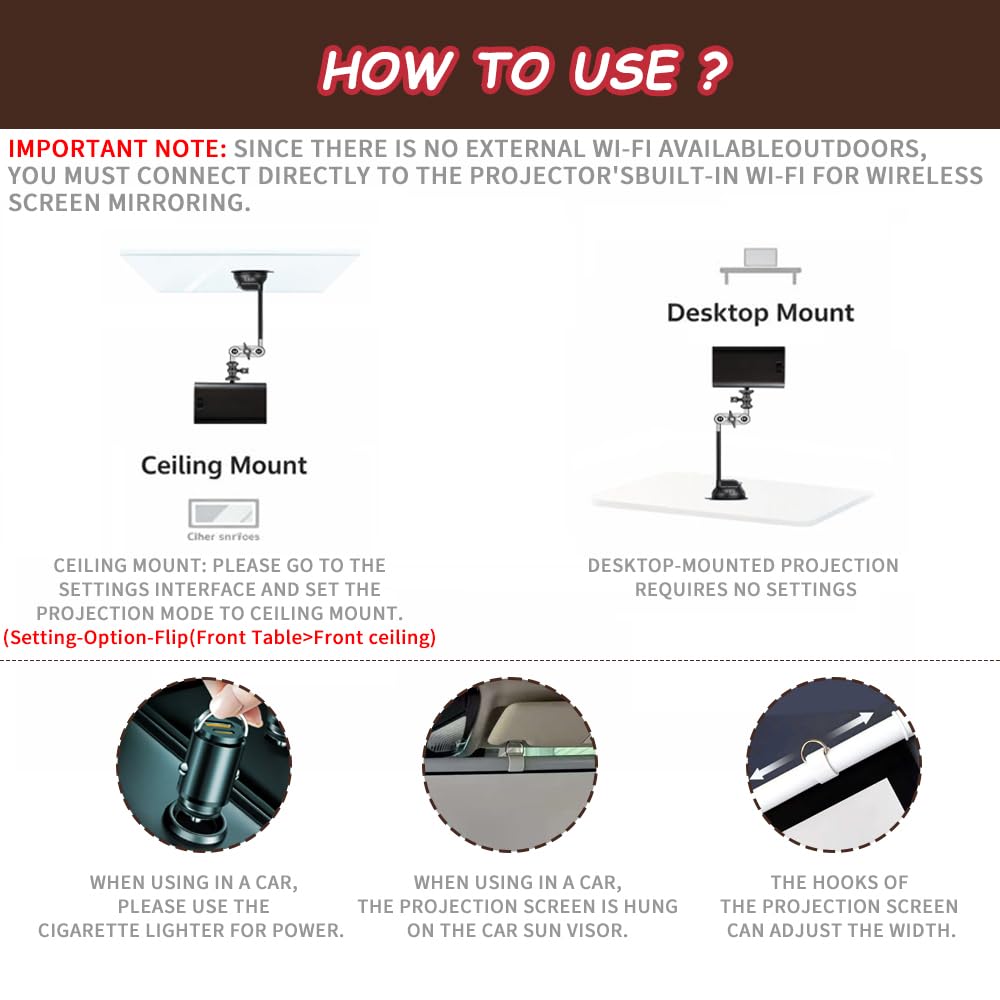 Car Projector, Mini Portable outdoor Projector Kit with 30FT Screen (16:9), Supports 4K HD Ideal for Car, Travel and Outdoor Movie Nights