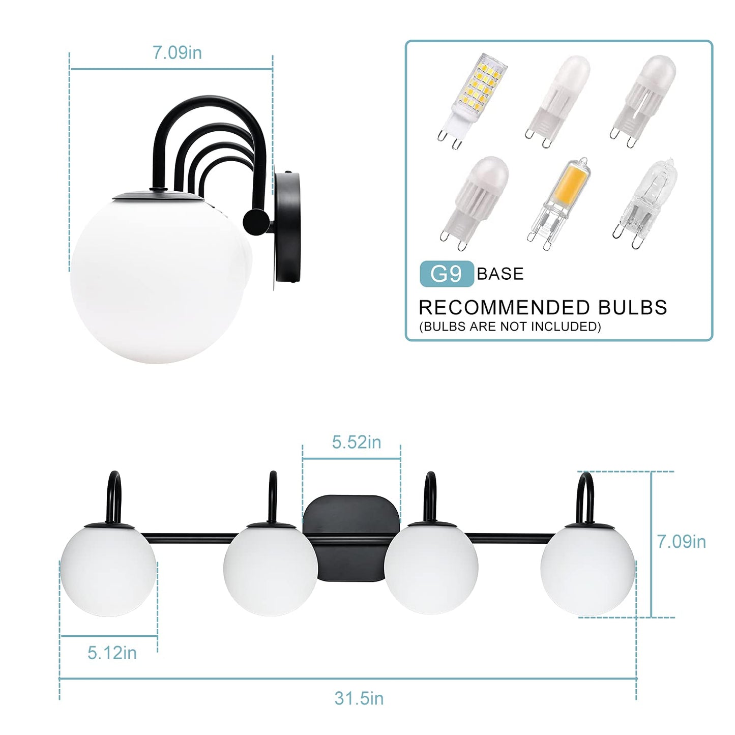 ZHUOER Vintage Bathroom Light Fixtures 4-Lights Black Mid Century Vanity Lights with Milk White Glass Globe Shade Vintage Wall Sconces Lighting Bath