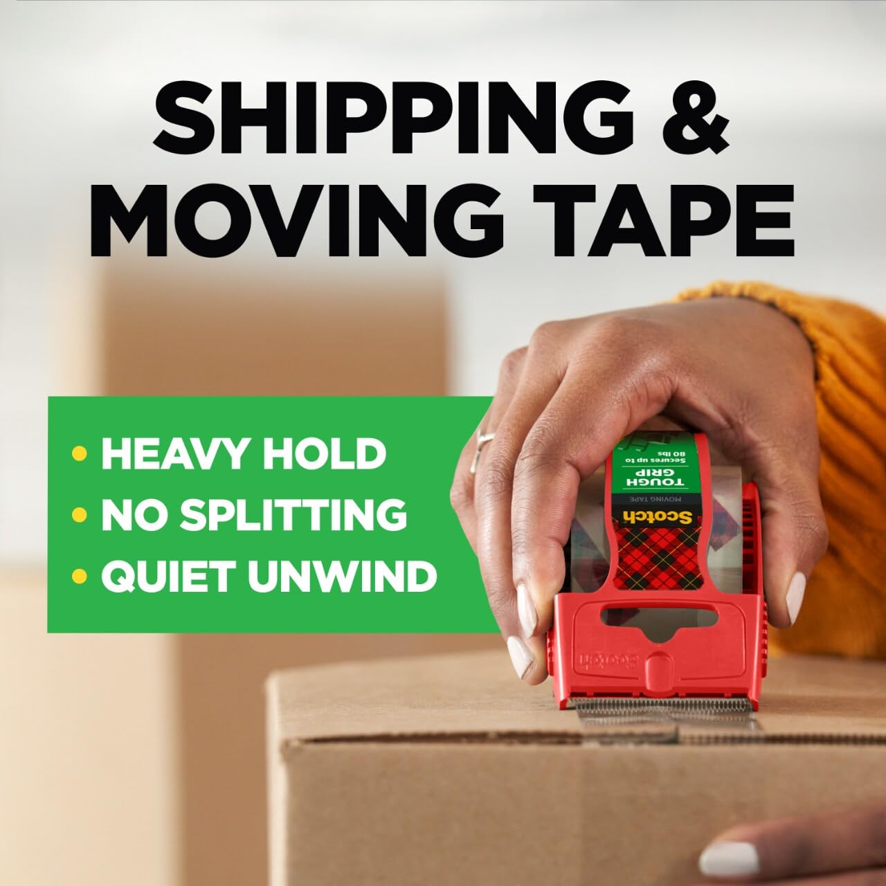Scotch Tough Grip Moving Packing Tape, Clear, Moving Tape that Secures Boxes up to 80 Pounds, 1.88 in. x 22.2 yd., 6 Tape Rolls with Dispensers