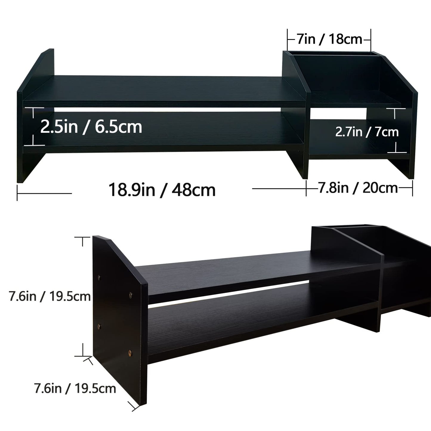 KUAIYU Computer Monitor Riser, 2 Tier Wooden Stand With Two Layer Storage Rack, Black Desktop Organizer for PC/Laptop, Home & Office