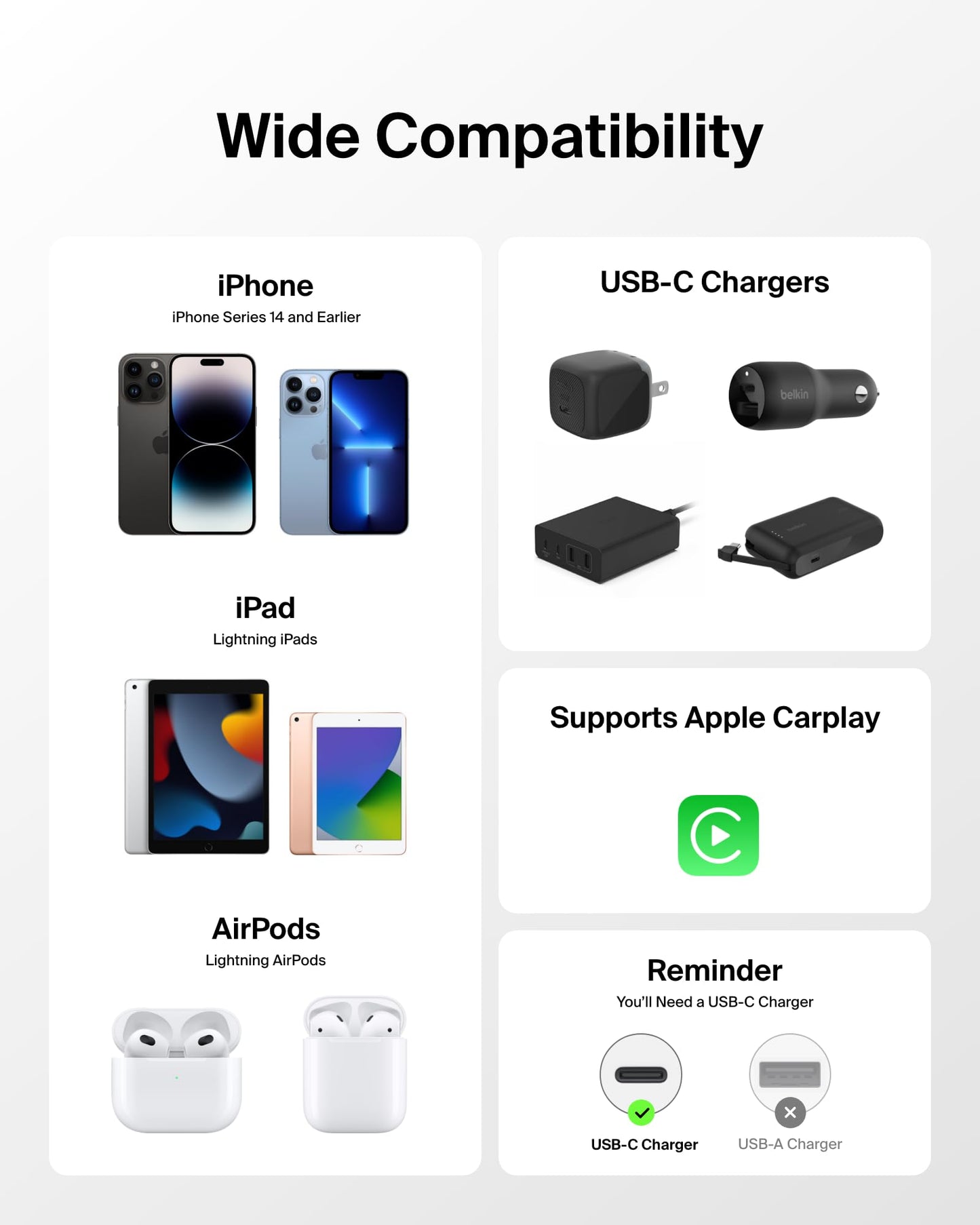 Belkin USB C Cable w/Lightning Connector, 6.6ft - Soft, Flexible Fast-Charging Cable, Lightning Charger Cord for iPhone 14 & Earlier Series, iPad 9th…