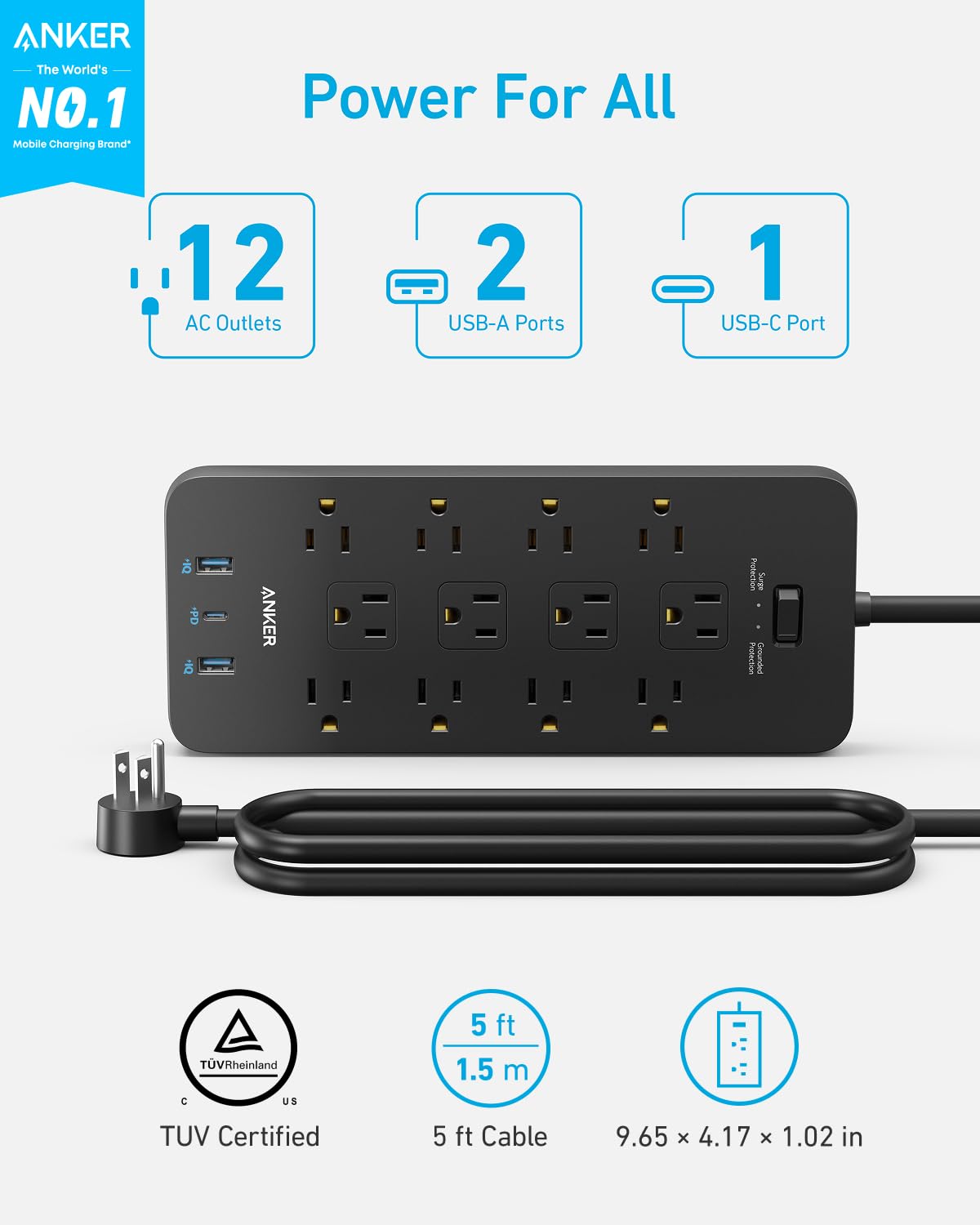 Anker Power Strip with 2100J Surge Protector, Outlet Extender, 5ft Extension Cord with Multiple Outlets, 12 AC, 2 USB A,1 USB C Port for 20W, Home