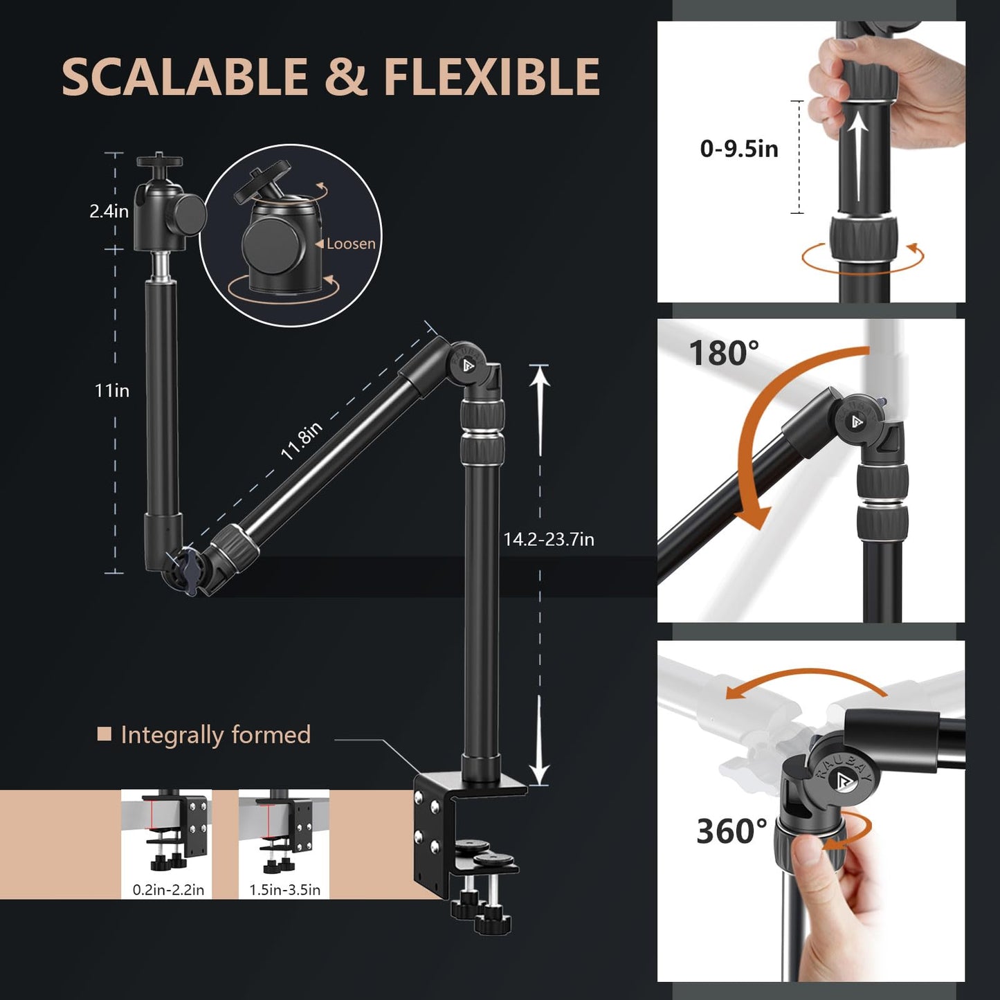 ?All Metal?RAUBAY Desktop Magic Arm, Overhead Camera Desk Mount, Table Light Stand with 1/4“ Ball Head, 3/8" & 5/8" Adapter, C Clamp, Retractable Boom