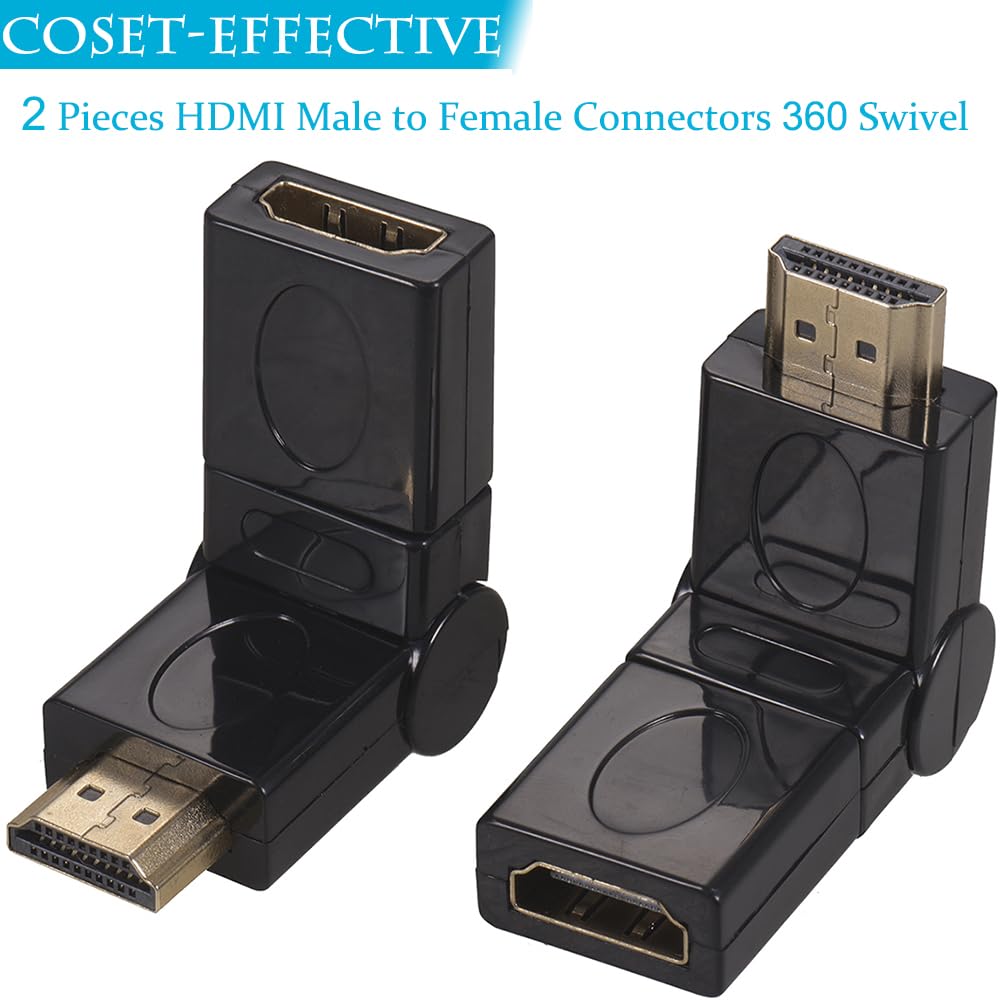 Warmstor 2-Pack Right Angle HDMI 2.0 Male to Female Connector HDMI Swivel Adapter 90 180 270 360 Degree Angle Adjustable Rotatable Gold-Plated Support