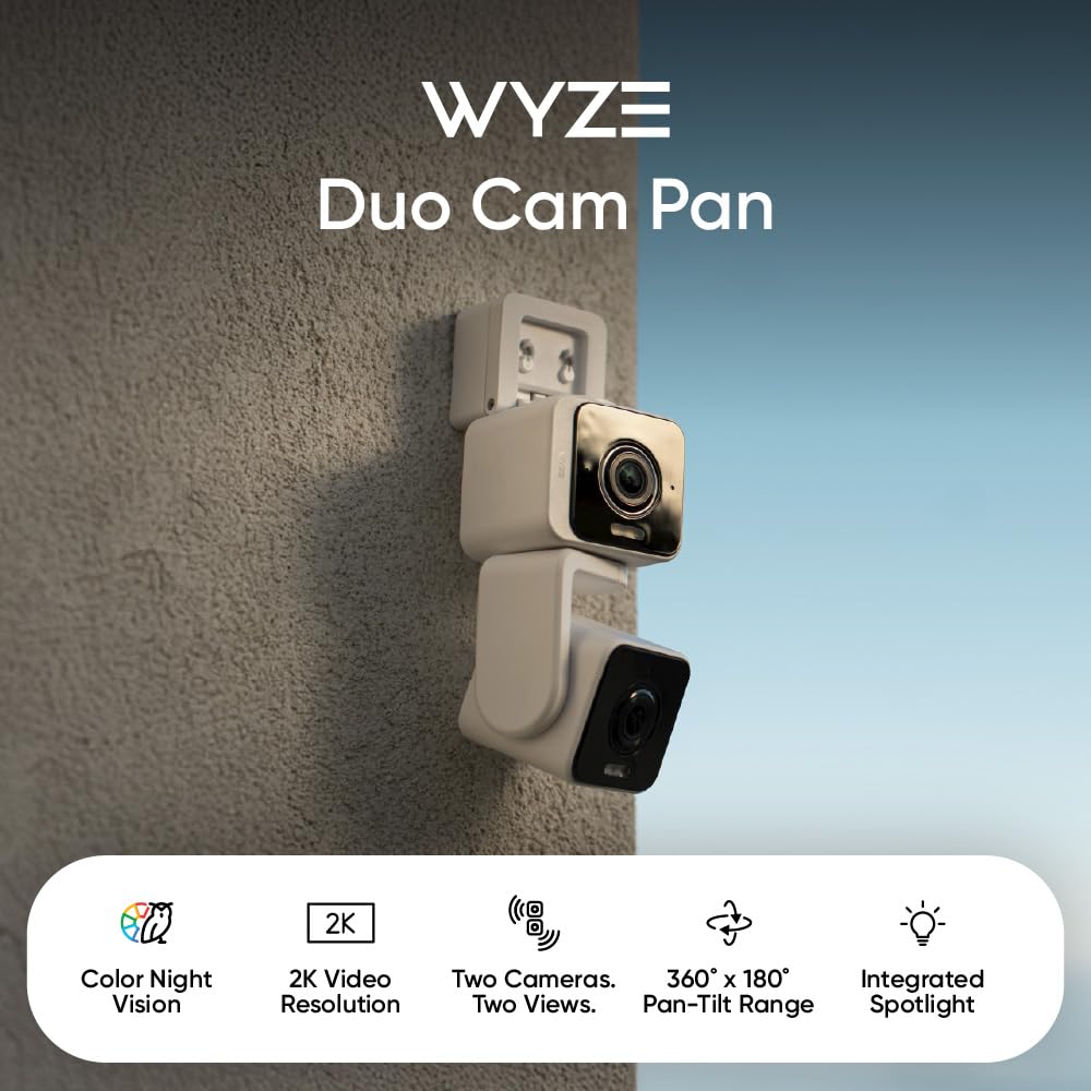 WYZE Duo Cam Pan Indoor/Outdoor IP65 2K 360° Pan/Tilt Smart Home Security Camera with Color Night Vision, Compatible with Alexa & Google Assistant