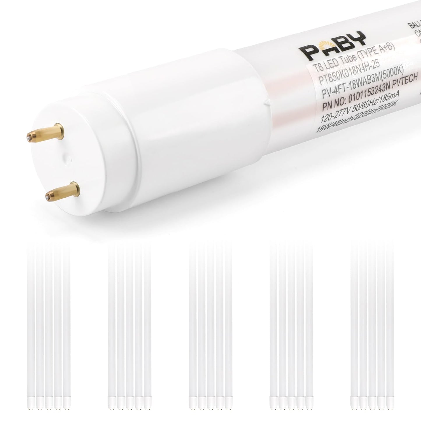 Paby 25 Pack 4FT LED T8 Type A+B Light Tube, 18W, Plug & Play or Ballast Bypass, 2250LM, 5000K, Single or Double End Power Input, 120-277V, T8 T10