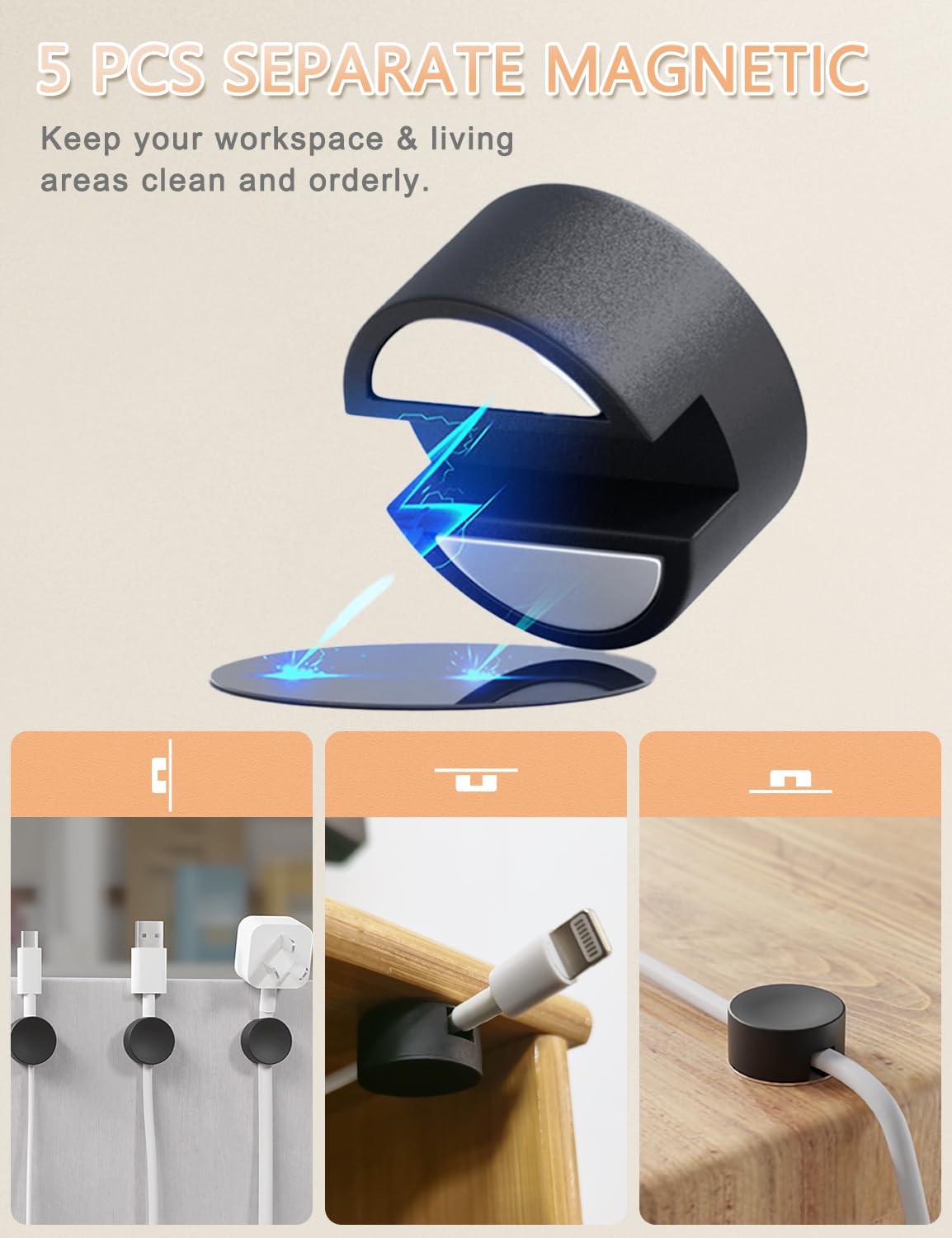 Xuuza Magnetic Cord Holder Silicone, 5-Pack Magnetic Cable Organizer Electronic Clip Wire Holders for Cords, Cable Management Clips for Nightstand