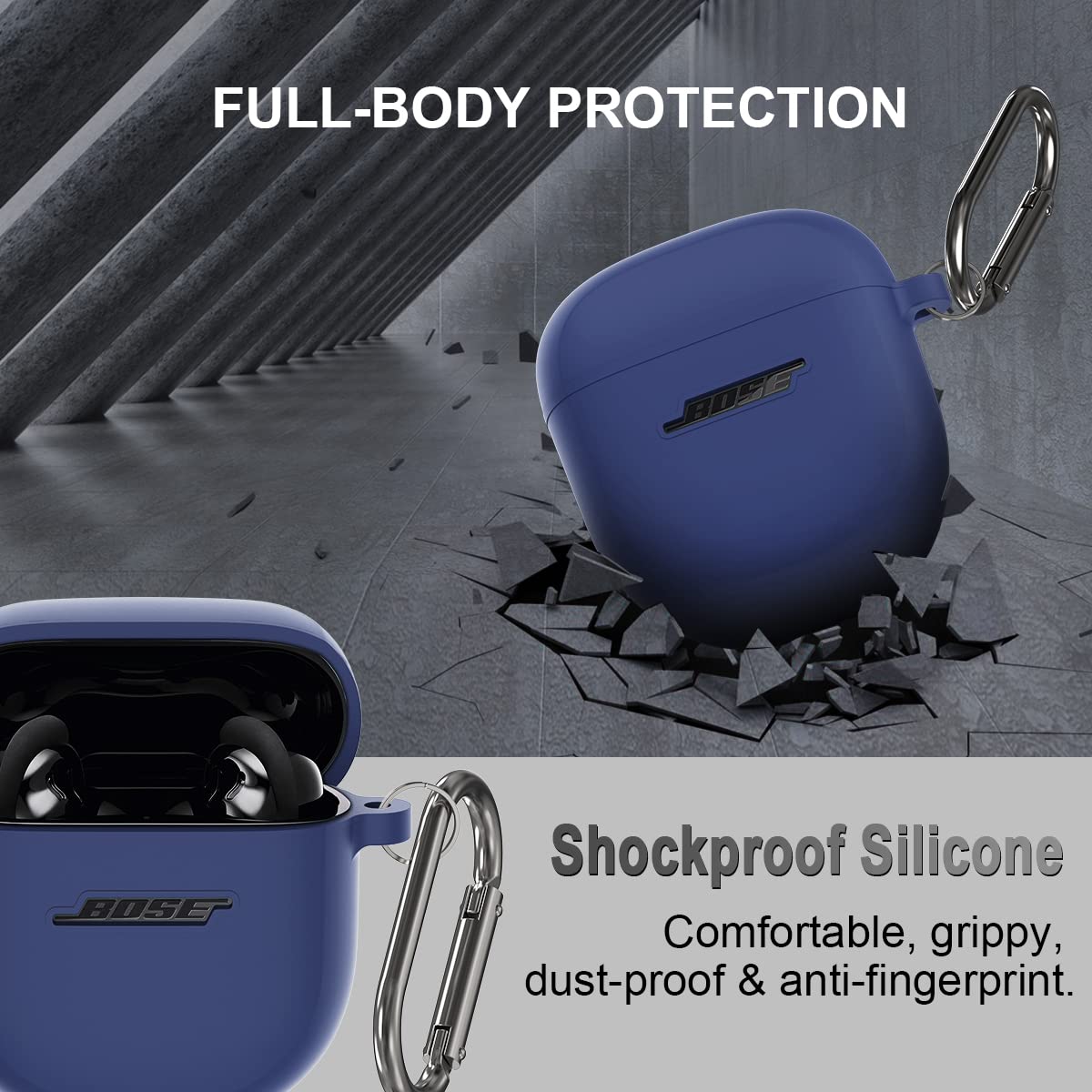 Silicone Case for Bose QuietComfort Earbuds II (2022) & QuietComfort Ultra (2023), Shockproof Protective Cover With Keychain for Men Women (Blue)