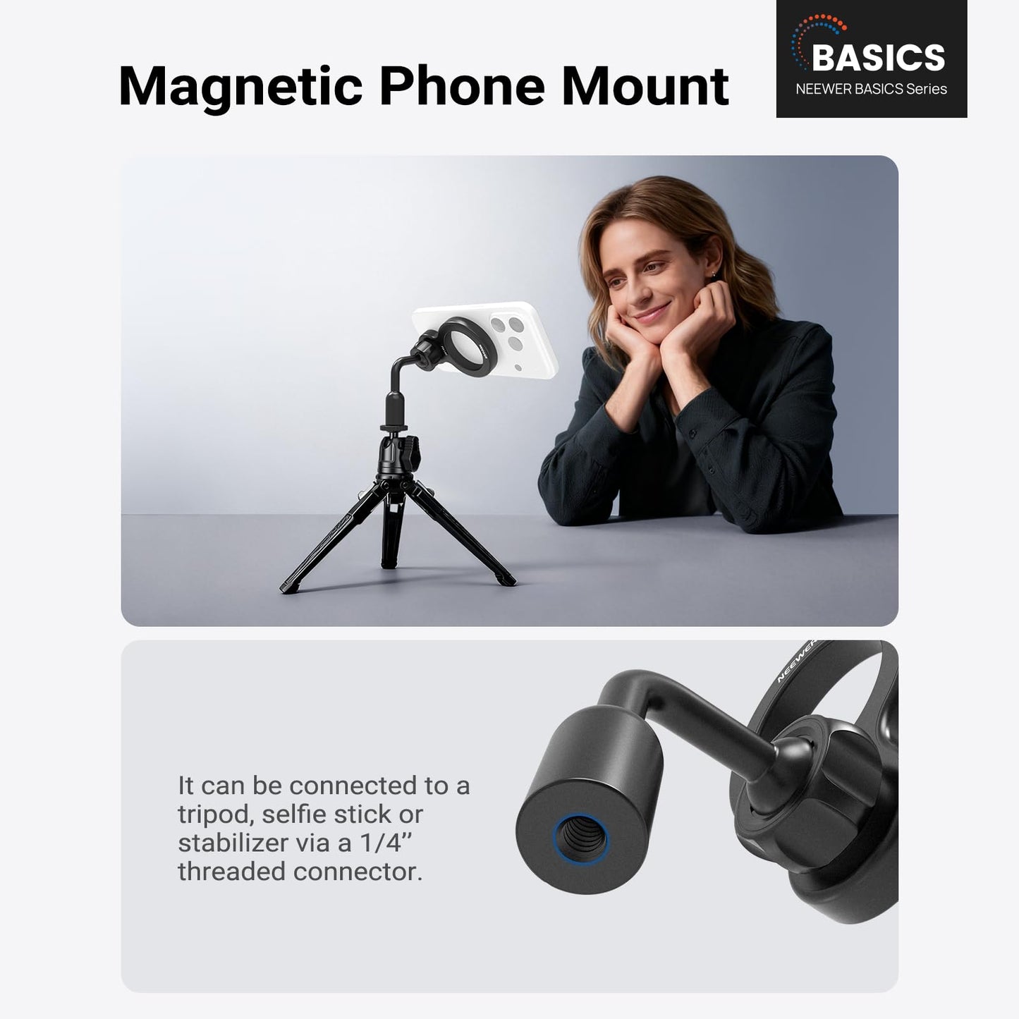 NEEWER Basics Magnetic Phone Tripod Mount Adapter, 360° Ball Head Aluminum Compact Lightweight Portable Phone Holder Attachment Compatible