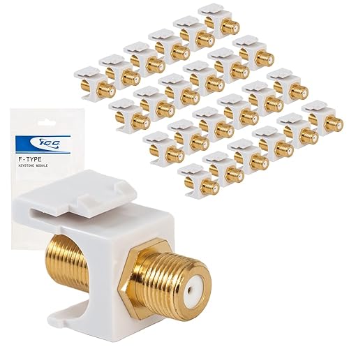 ICC F-Type Keystone Jack, Gold Plated 2 GHz Coax Jack, Female to Female, RG6 RG59 Compatible, Coaxial Wall Plate Insert, White, 25-Pack