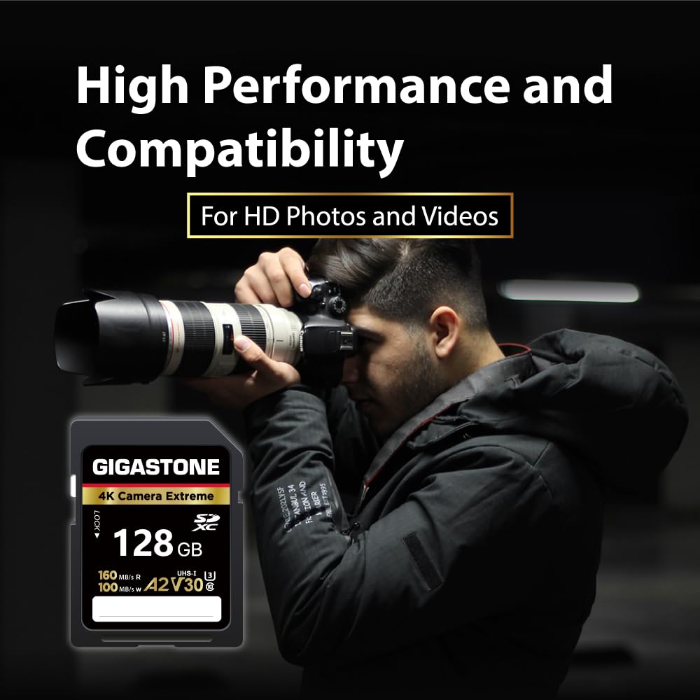 ?5-Years Data Recovery? GIGASTONE 128GB SD Card with USB Type C Card Reader, 4K Camera Extreme, A2 V30 U3 C10 SDXC Memory Card High Speed, Compatible