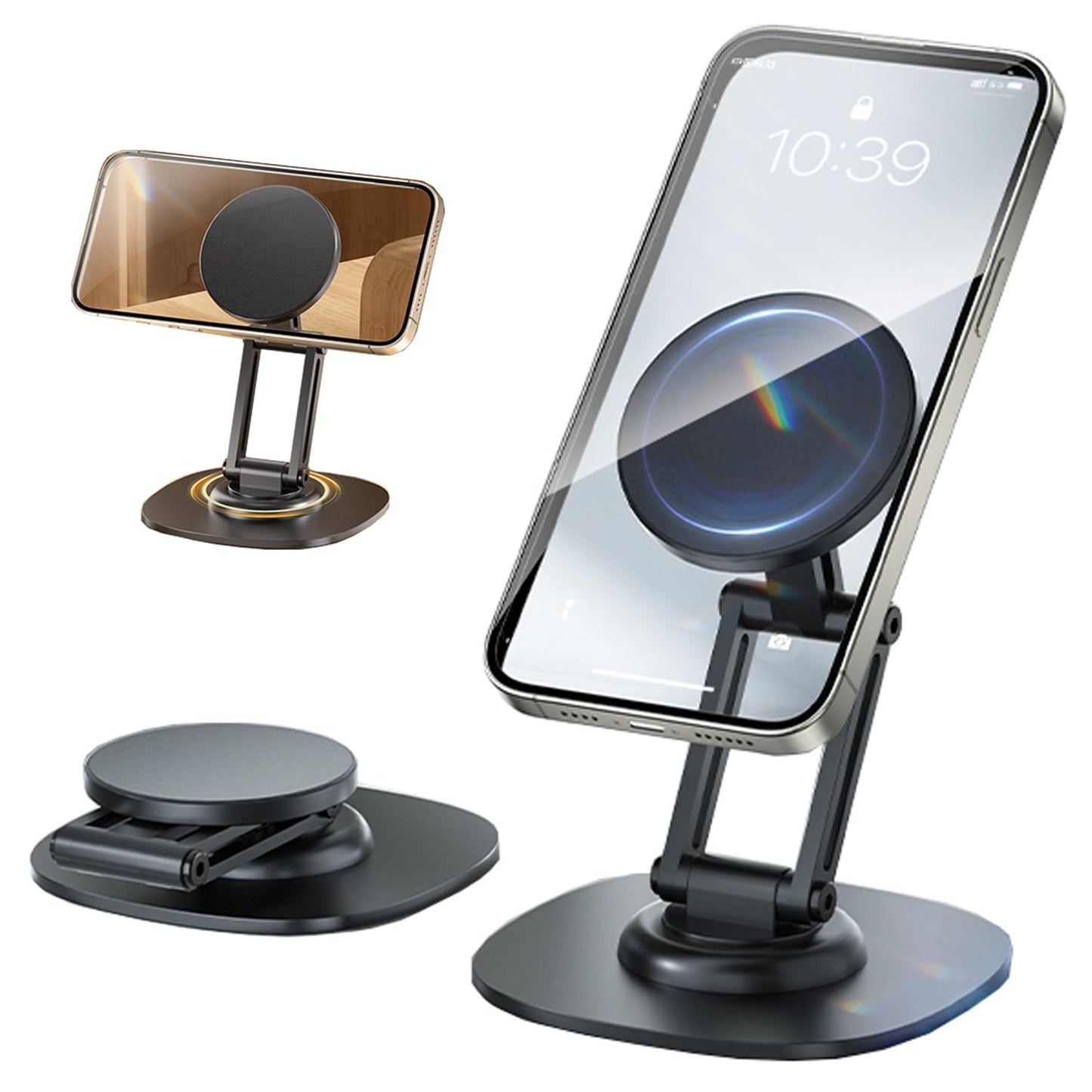 KOBBRAN Magnetic Phone Stand for Desk 360 Rotating Adjustable Foldable Aluminum for MagSafe Cell Phone Stand Holder with Non-Slip Base Desk Stand