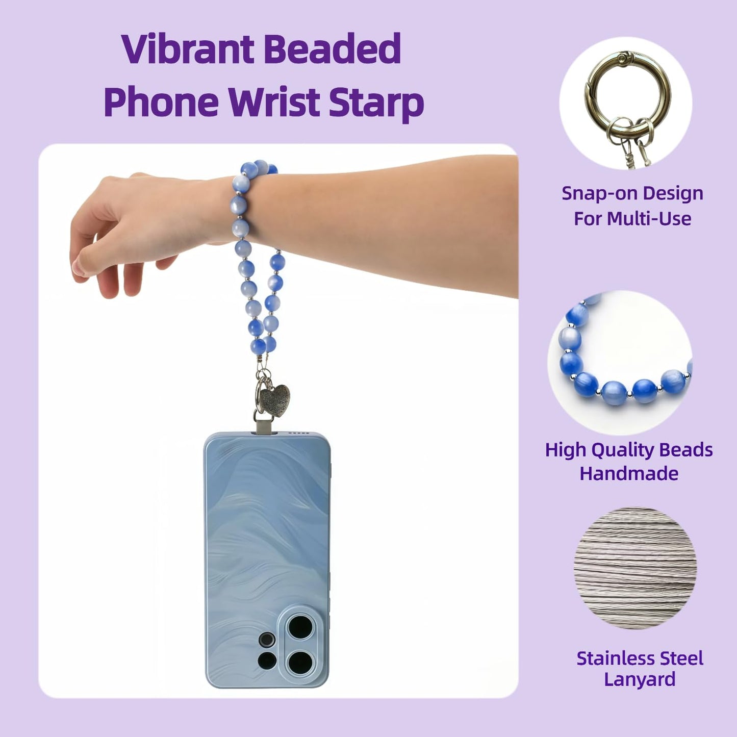 NUANJUYU Vibrant Beaded Phone Lanyard | Handmade Strap for Phone, Keys, Purse, Bag | Anti-Drop Safety Gift (Ocean Blue)