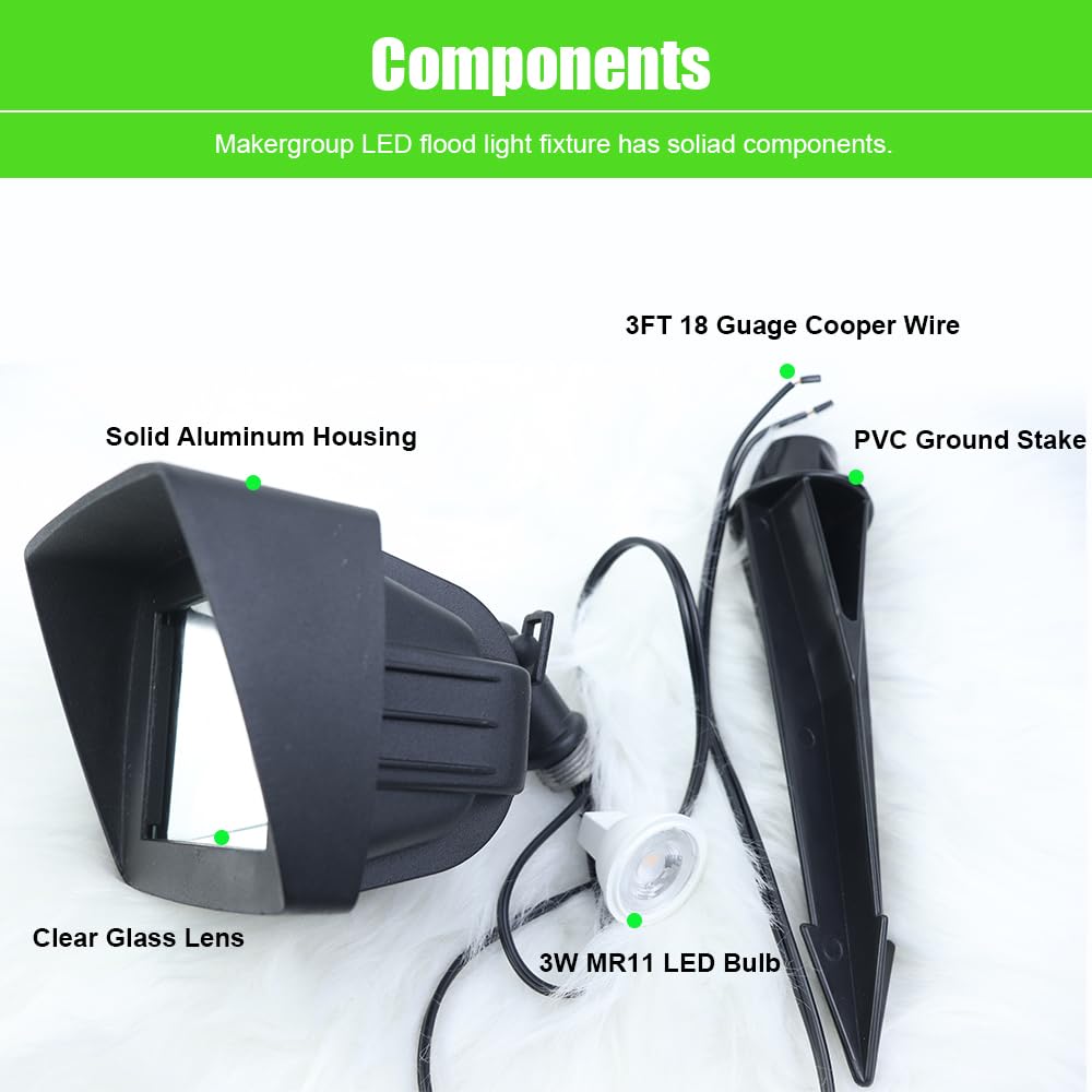 Makergroup LED Flood Light Outdoor Low Voltage12V, Replaceable 3W MR11 LED Bulb Warm White 2700K-3000K, Weatherproof for Garden Yard Landscape