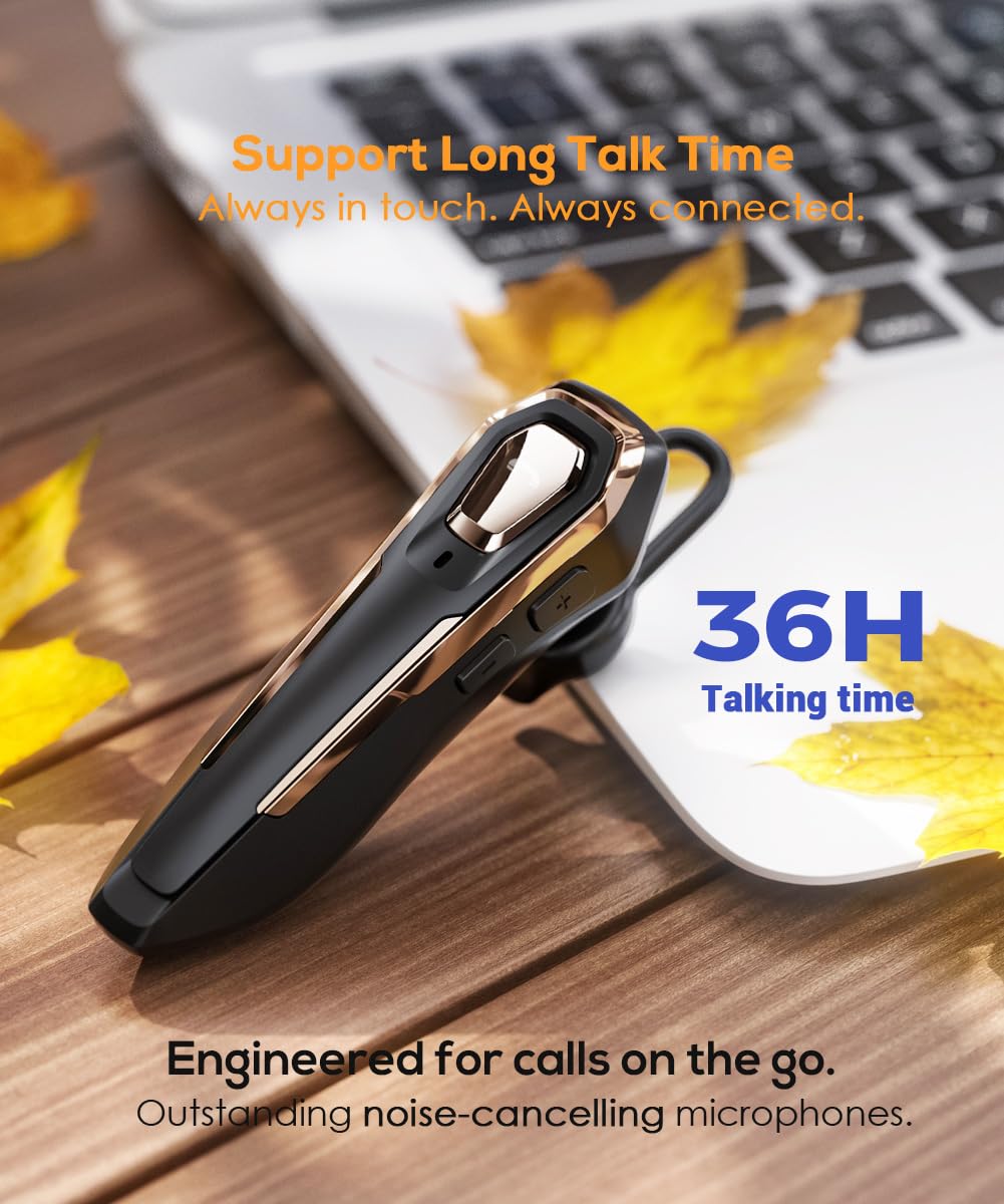 Single Ear Bluetooth Headset V5.4 Noise Canceling Microphone, Bluetooth Earpiece, 36Hrs Talk Time, Hands-Free Wireless Headset