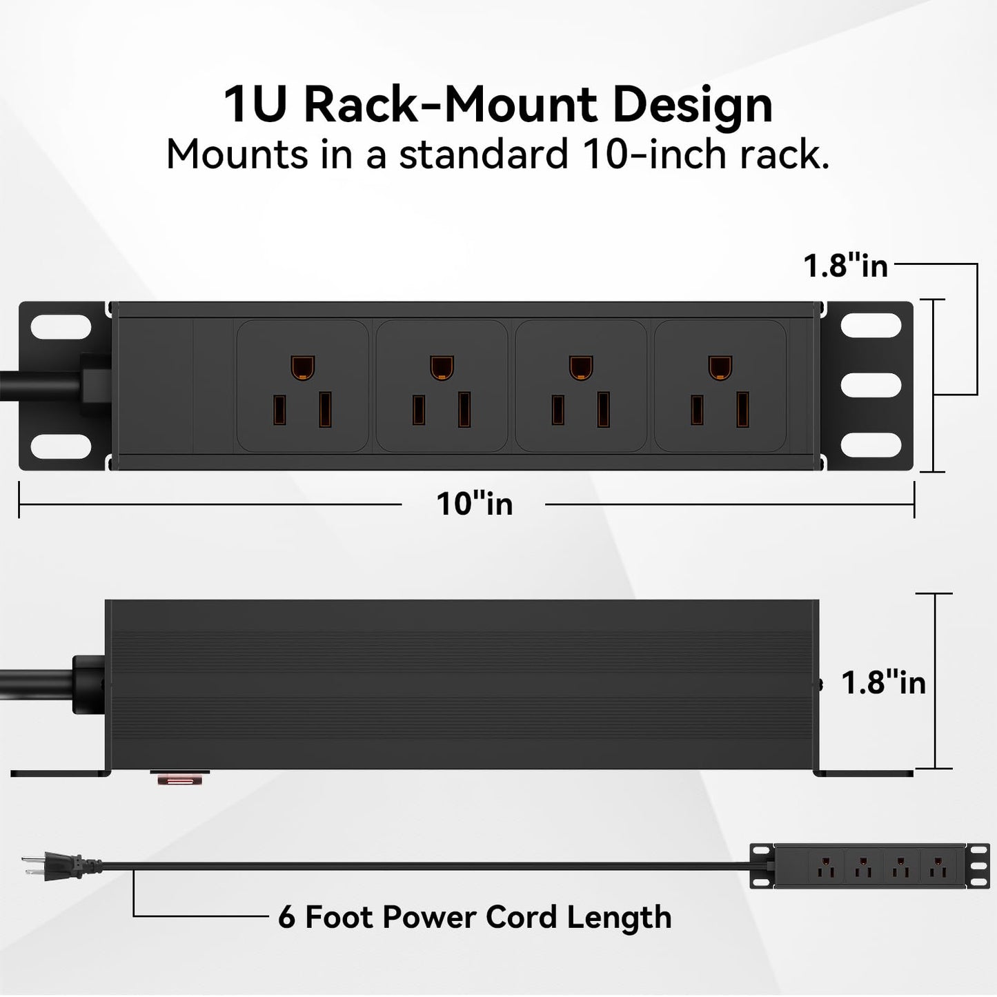 10 inch Rack PDU-1U (4 Rear Outlets),10" inch Rack Power Strip with Protection (125V/15A 6ft Cable),Rack Mount Power Distribution Unit for 10" Mini