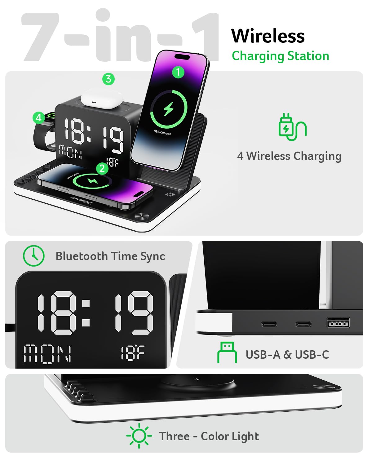 Acer Gadget 7-in-1 Wireless Charging Station Charger Stand for Multiple Devices for Apple - iPhone 17 16 15 14 13 12 Pro Max Apple Watch Airpods