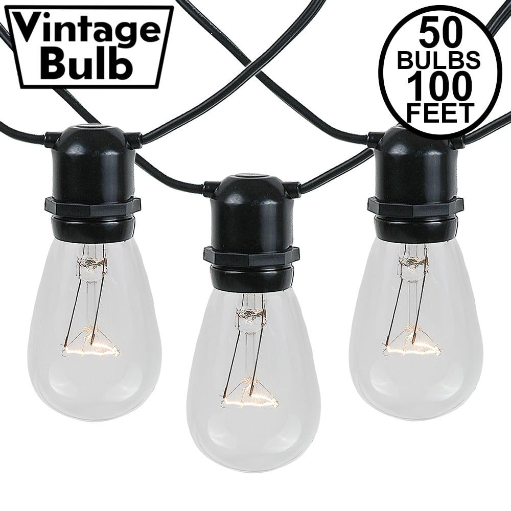 Novelty Lights 100 Feet, 50 in-Line E26 Sockets, S14 String Light Set with Clear Incandescent Bulbs, Heavy Duty Black Wire Patio Lights, Weather