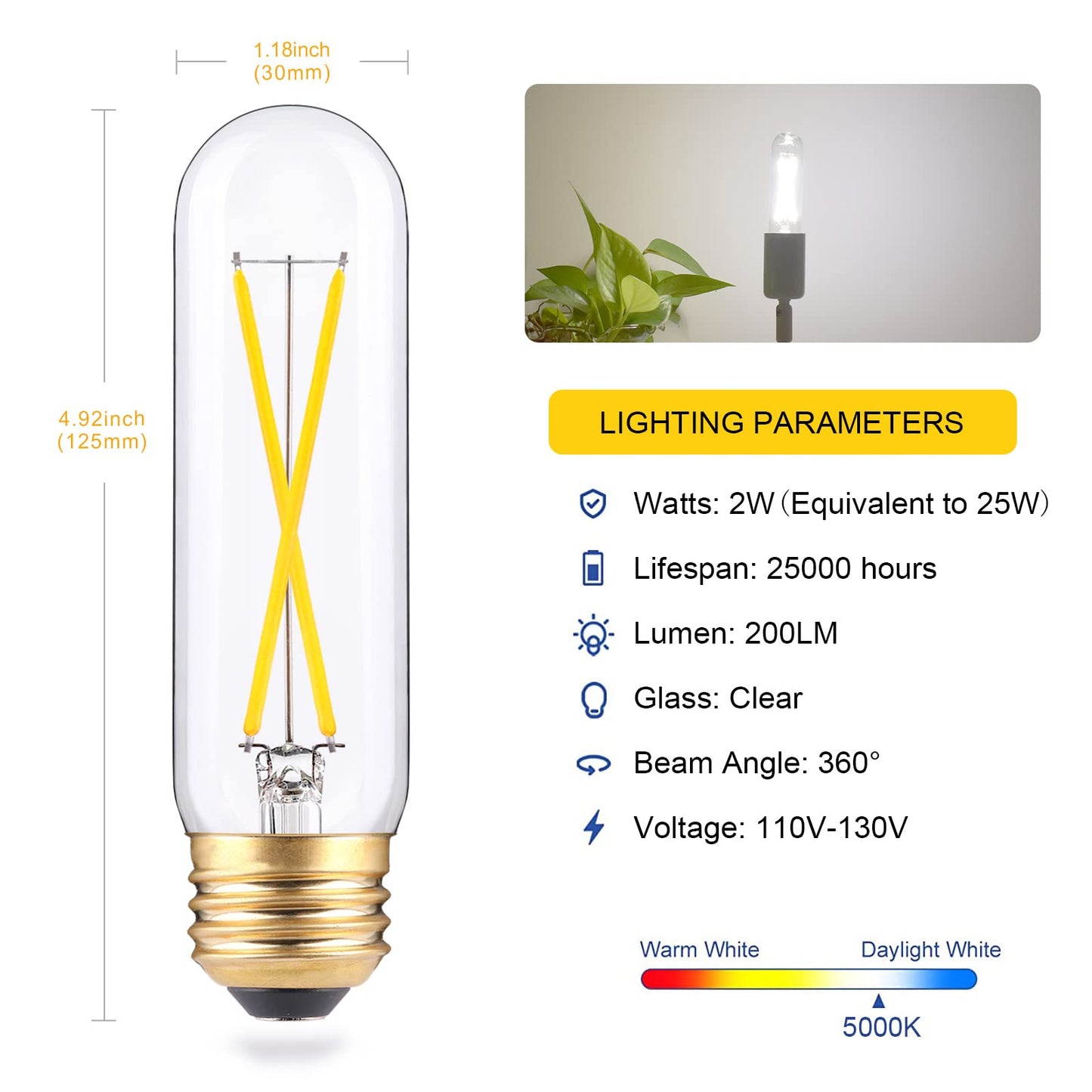 EQ Lighting Dimmable T10 Edison Led Tube Bulb 5000k Daylight White, 2W Vintage Tubular Led Filament Bulbs 25W Equivalent, E26 Base Lamp Bulb