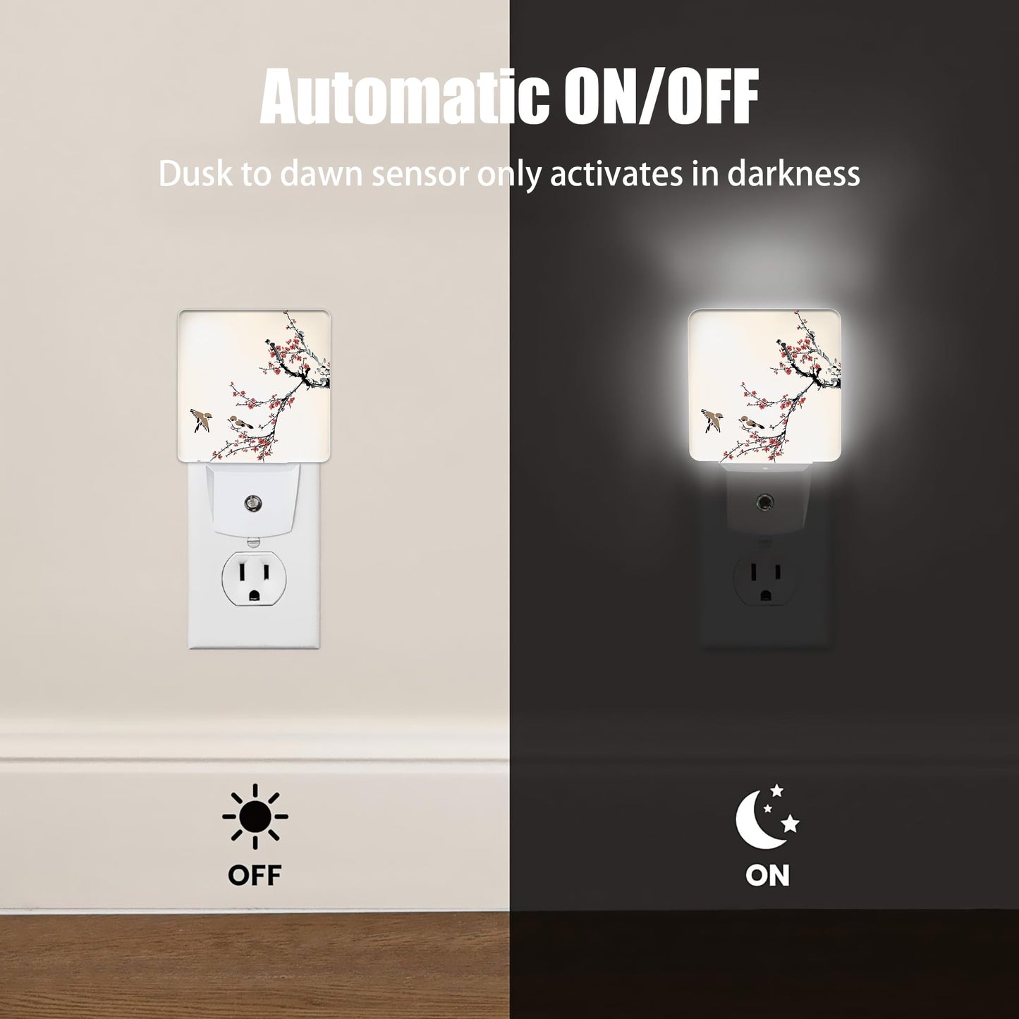 Jopowide Retro Bird Night Light, Cherry Blossoms Night Lights Plug into Wall Decor for Bedroom, Bathroom, Hallway, Kitchen, Dusk to Dawn Sensor