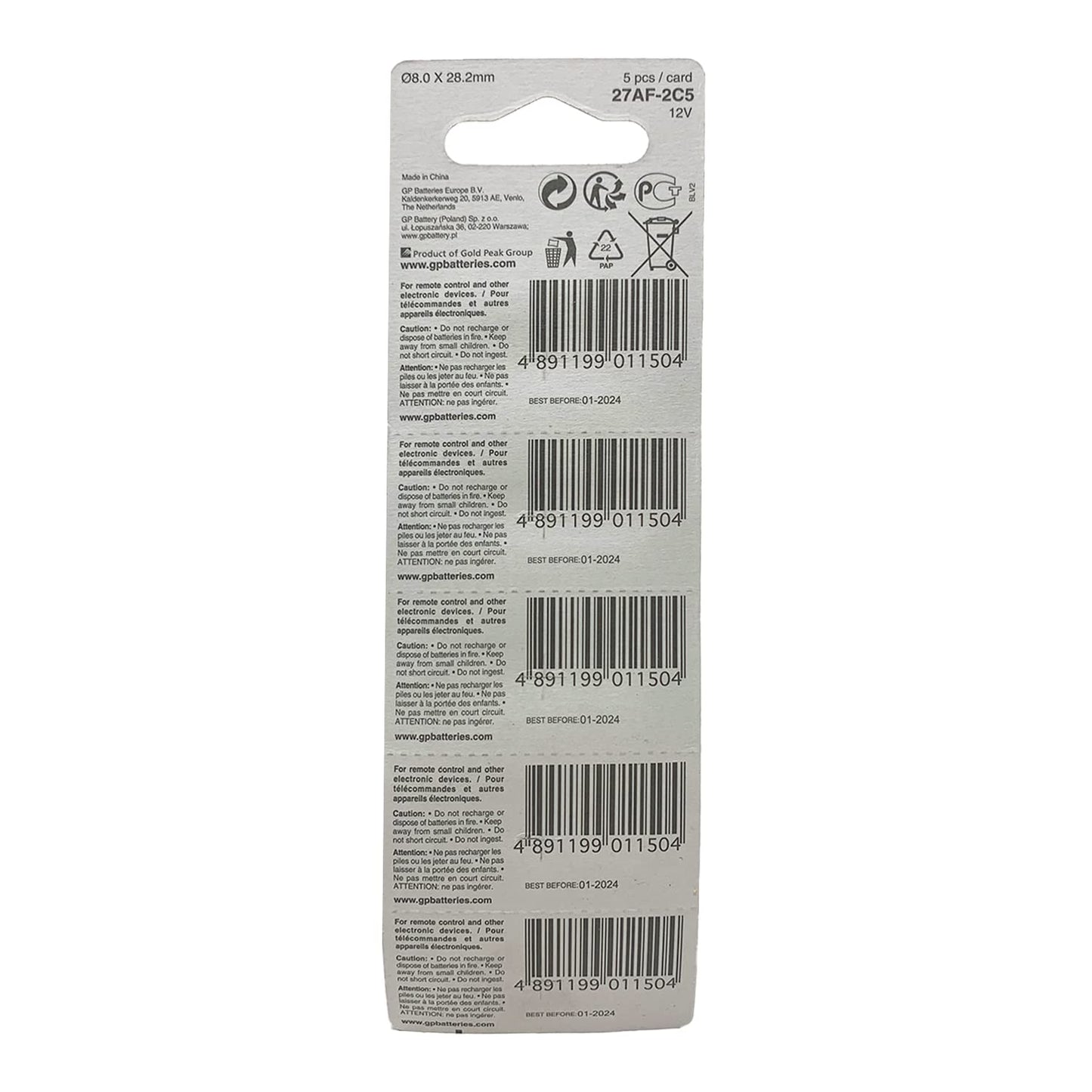 12 Volt Alkaline Batteries - 5-Pack - GP Battery 27AE