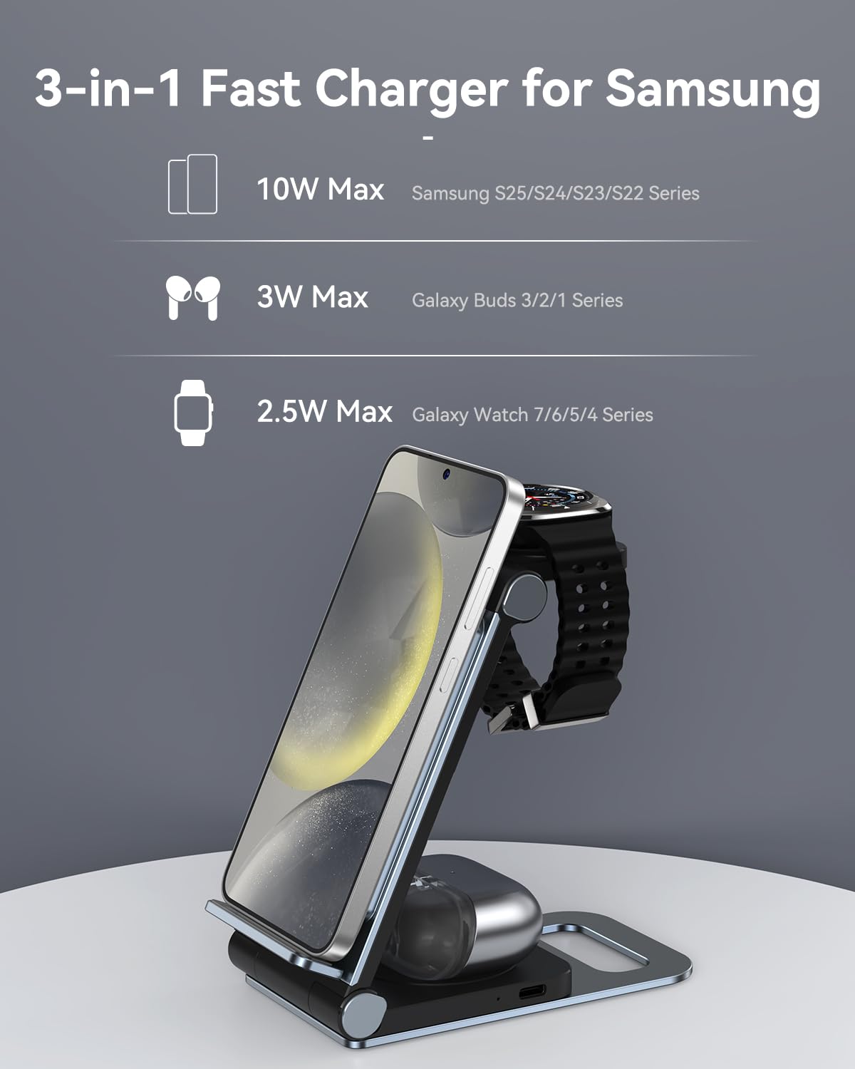 Wireless Charger for Samsung 3 in 1 Wireless Charging Station Foldable Wireless Charger Stand for Samsung S26 S25 Ultra S24 S23 S22 S21 / Z Flip/Z