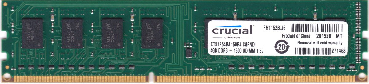 Crucial 4GB Single DDR3-1600 MT/s (PC3-12800) x4based high density UDIMM 240-Pin Desktop Memory CT51264BA160BJ