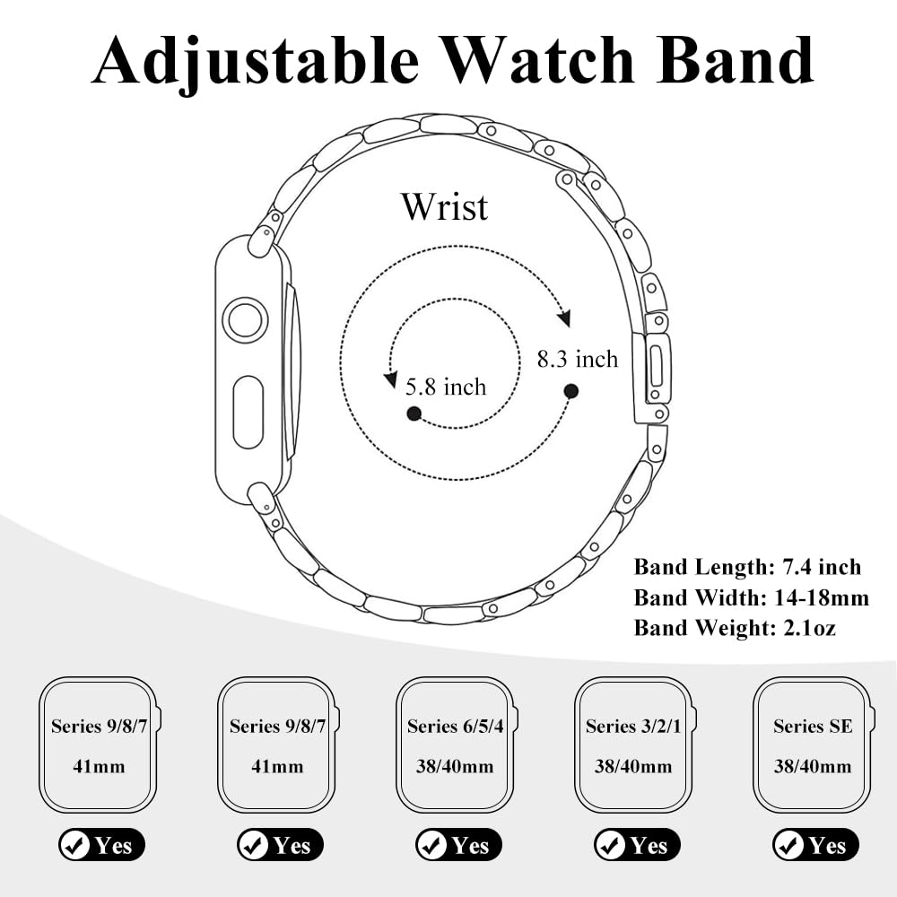CSJCUBIC Metal band Compatible with Apple Watch Band 38mm 40mm 41mm 42mm 44mm 45mm for women, Slim and Thin Stainless Steel Replacement Adjustable