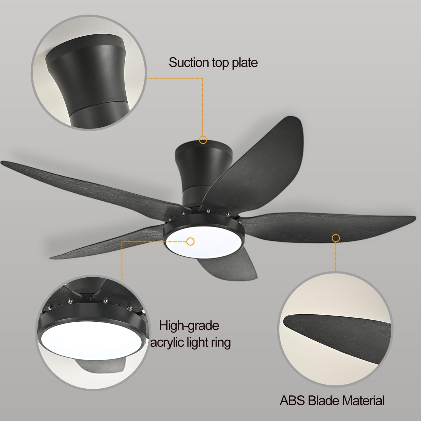Anyeark Ceiling Fans with Lights, Low Profile Ceiling Fan Light and Remote/APP Control, 6 Speeds Adjust, LED Dimmable 3 Color Changing, Modern Flush