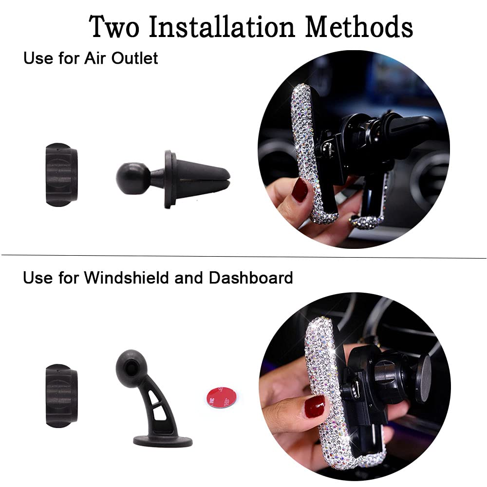 SUNCARACCL Bling Car Phone Holder Mini Dash Air Vent Automatic Phone Mount Universal 360°Adjustable Crystal for Women and Girls (White)