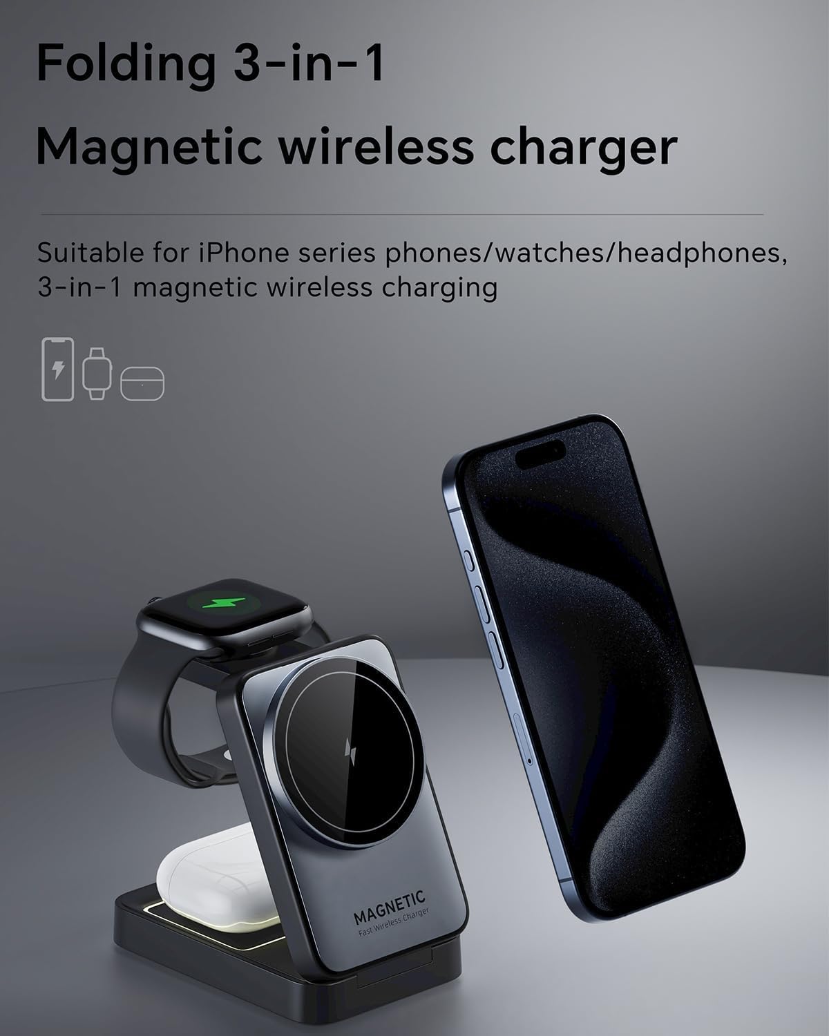 Upgraded Foldable Wireless Charger for iPhone,Travel Magnetic Charger Stand with Nightlight 3-in-1 Wireless Charging Station Compatible with Mag-Safe