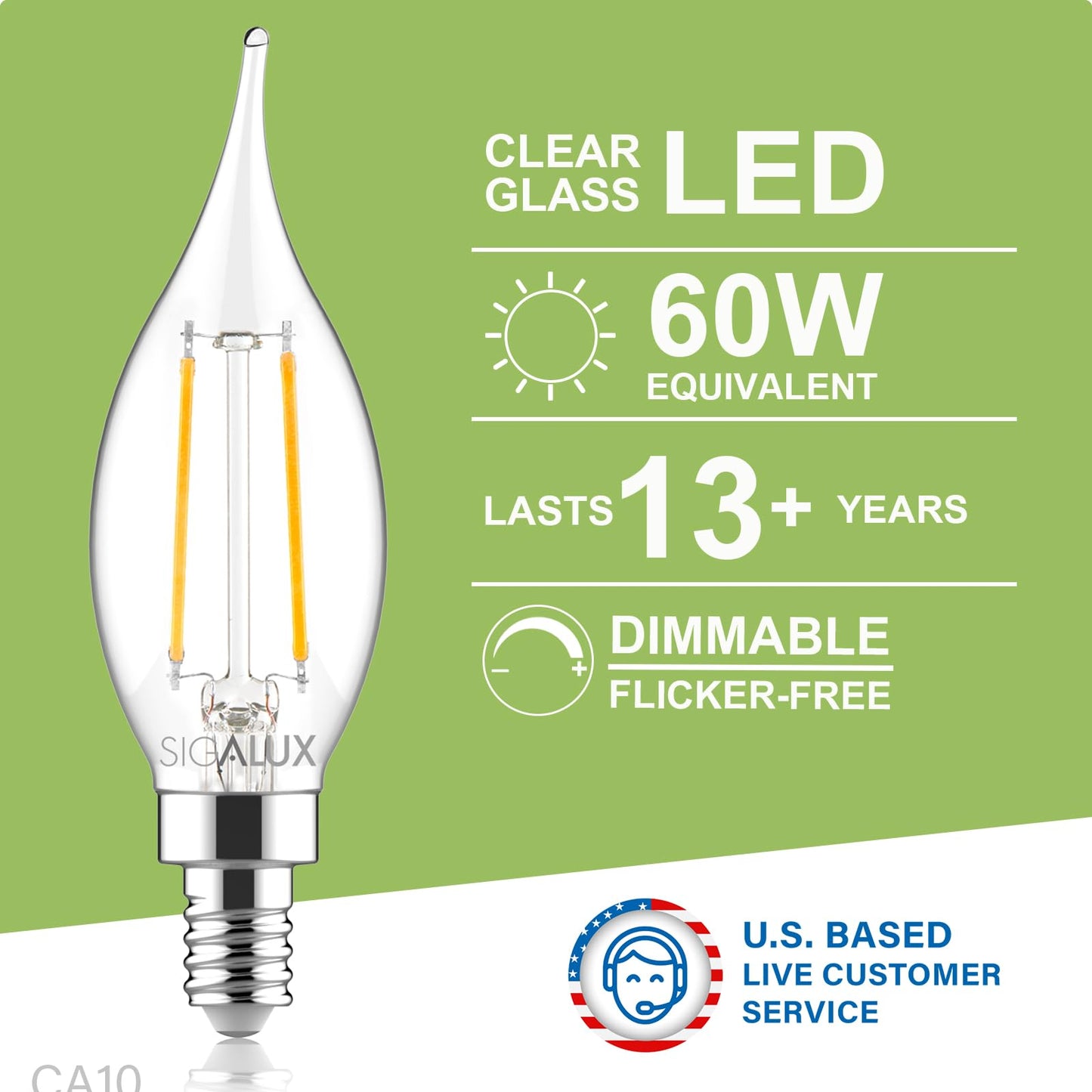 Sigalux E12 LED Bulb Candelabra Base 60 watt LED Chandelier Light Bulbs Dimmable, Flame Tip Candelabra LED Bulbs, 4.5W, 500LM 2700K Soft White, CA10