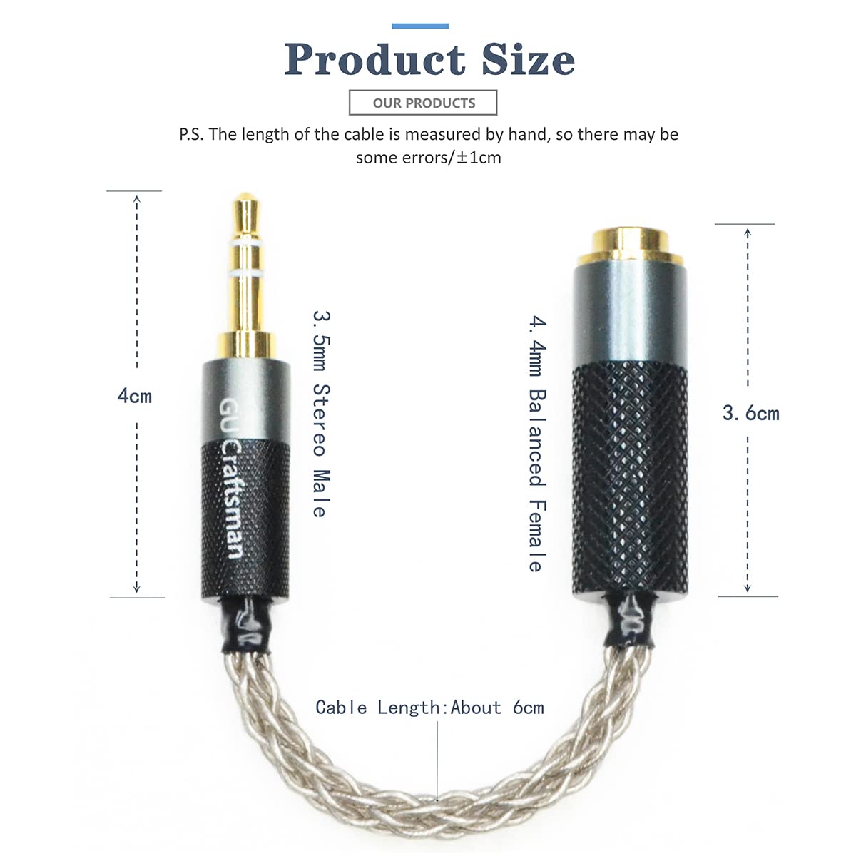 GUCraftsman 3.5mm Stereo Male to 4.4mm Balanced Female Portable Headphone Adapter Cable 6N Single Crystal Silver Headphone Jack Convert Cable