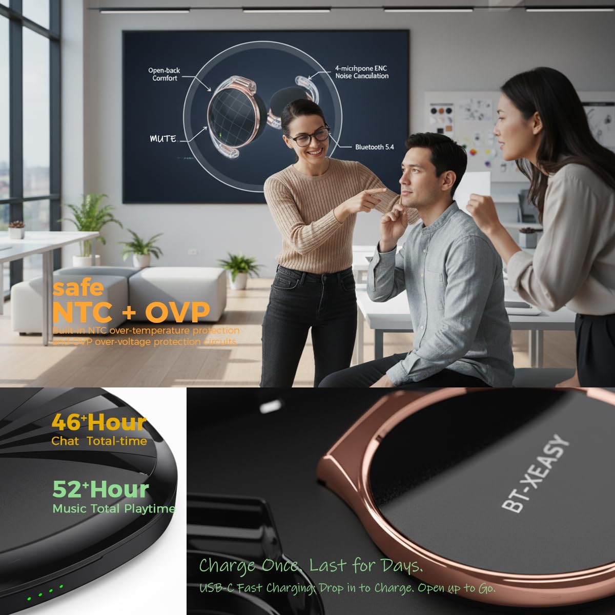 On Ear Headphones Bluetooth 5.4, Noise Cancelling Open Ear Headphones Wireless, Water-Drop Shaped Clip On Sport Headset Bluetooth with 4 Microphone…