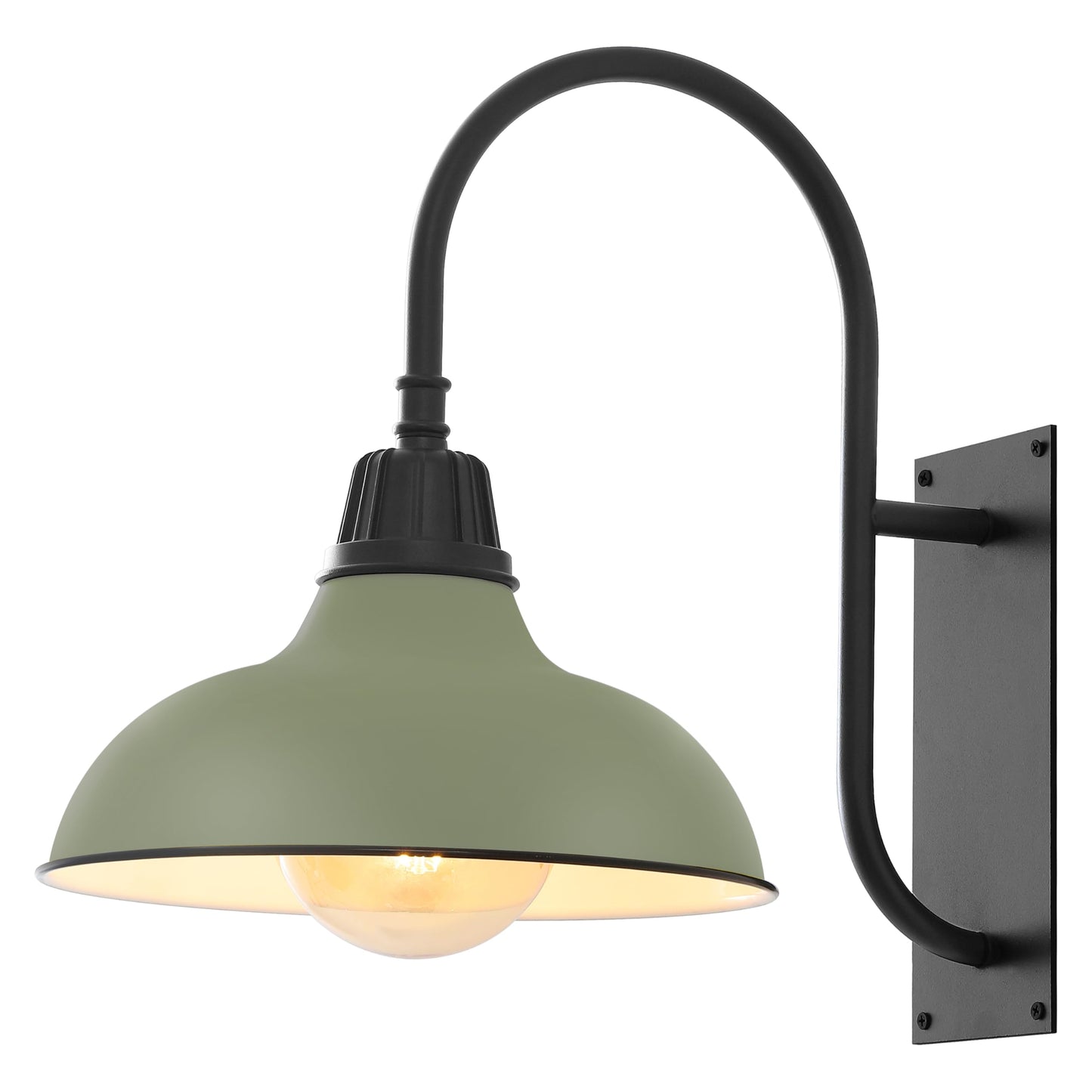 JONATHAN Y 12.25" Matte Olive Green/Black 1-Light Farmhouse Gooseneck Outdoor Wall Sconce Lamp, with Black Metal Bowl Shade, Industrial Iron LED Porch