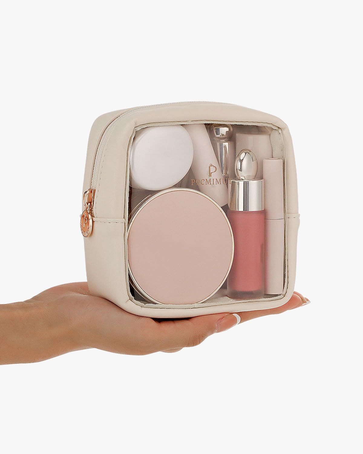 Pocmimut Mini Makeup Bag – Clear Travel Cosmetic Pouch, Toiletry Organizer for Women, Cute Purse & Car Accessories, Beige